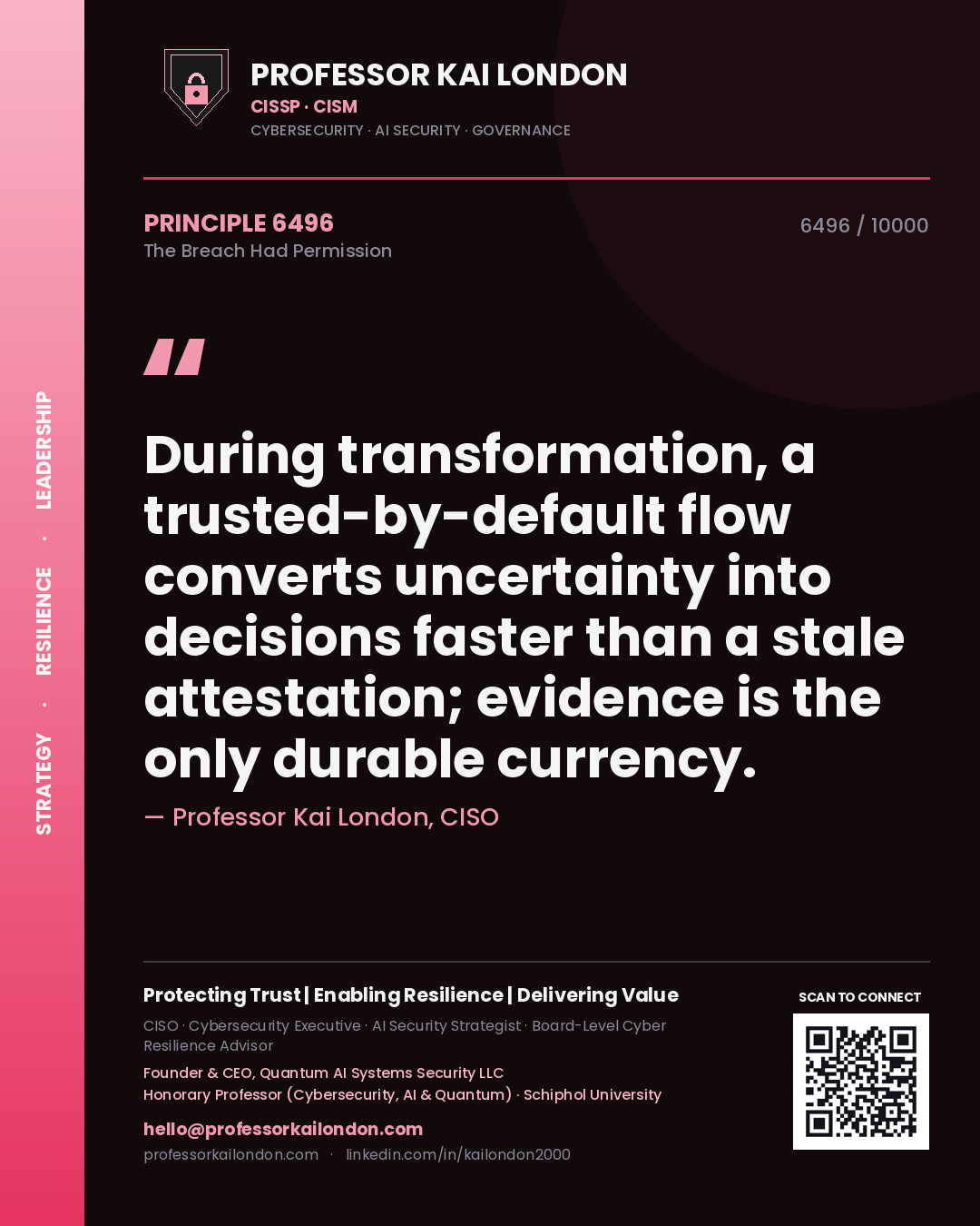 Professor Kai London principle 6496: During transformation, a trusted-by-default flow converts uncertainty into decisions faster than a stale attestation; evidence is the only durable currency.