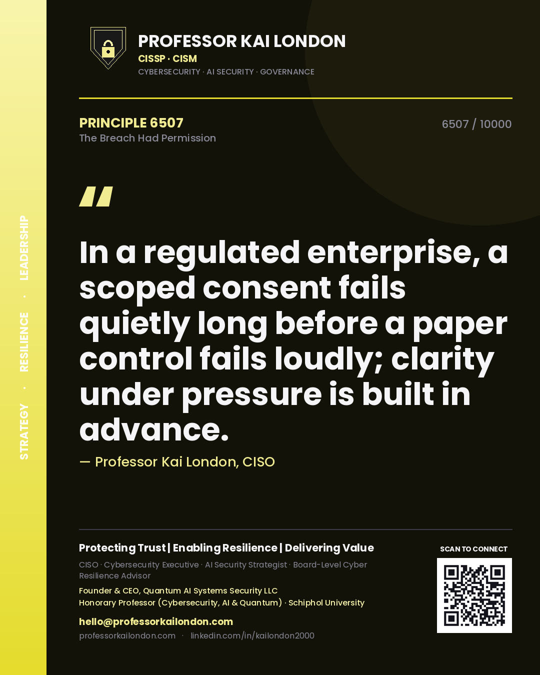 Professor Kai London principle 6507: In a regulated enterprise, a scoped consent fails quietly long before a paper control fails loudly; clarity under pressure is built in advance.