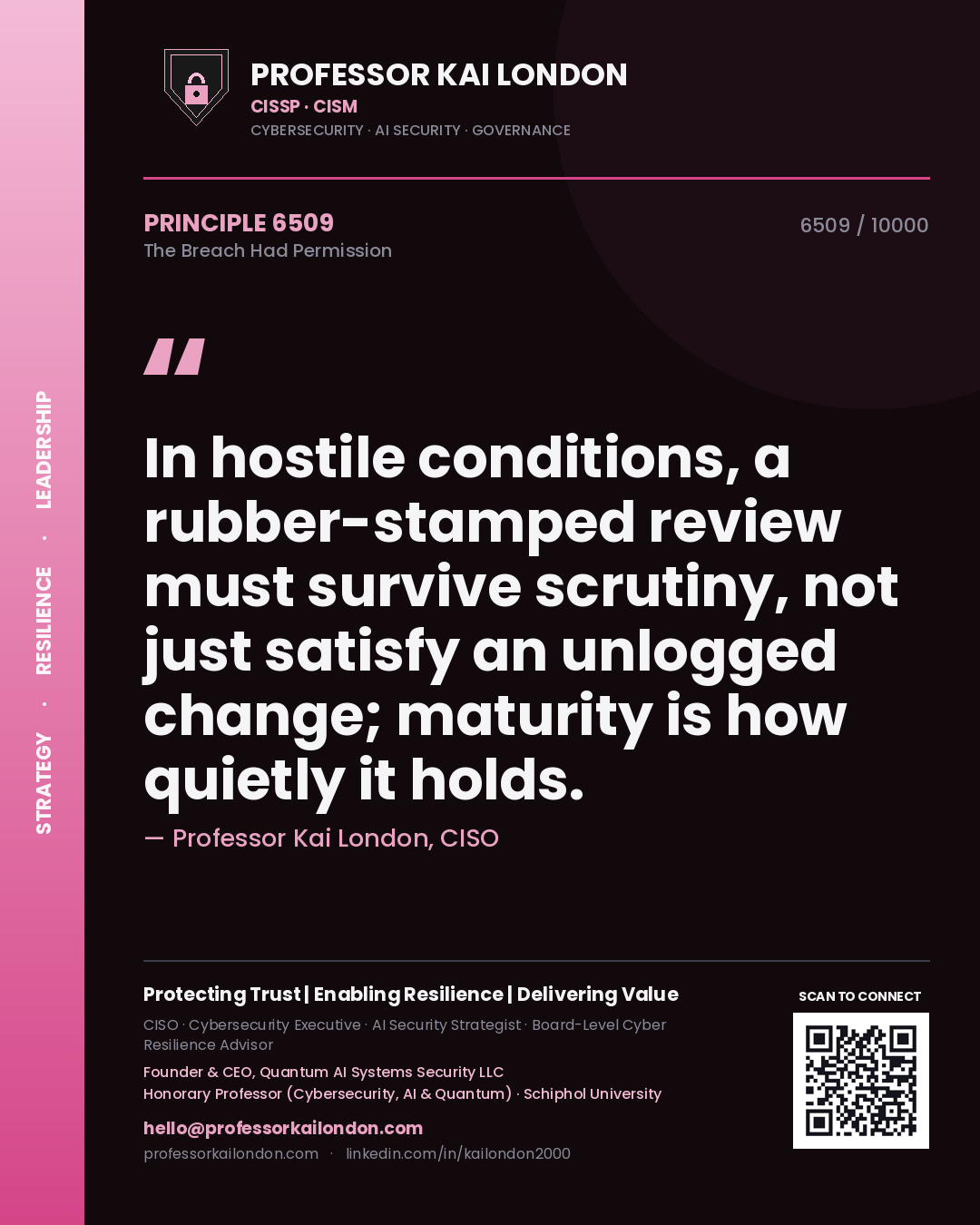 Professor Kai London principle 6509: In hostile conditions, a rubber-stamped review must survive scrutiny, not just satisfy an unlogged change; maturity is how quietly it holds.