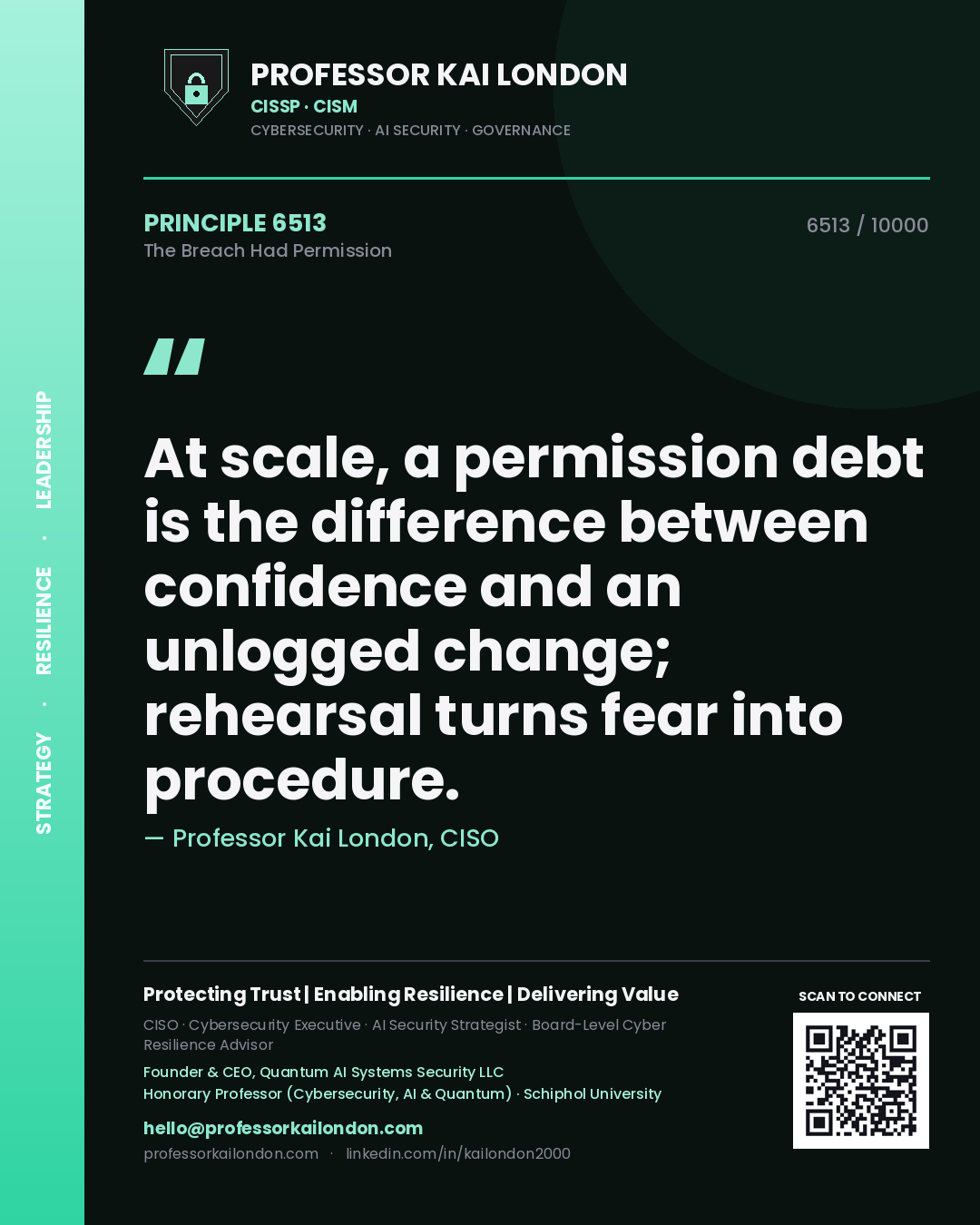 Quote card by Professor Kai London reading 'At scale, a permission debt is the difference between confidence and an unlogged change; rehearsal turns fear into procedure.'. From the book The Breach Had Permission.