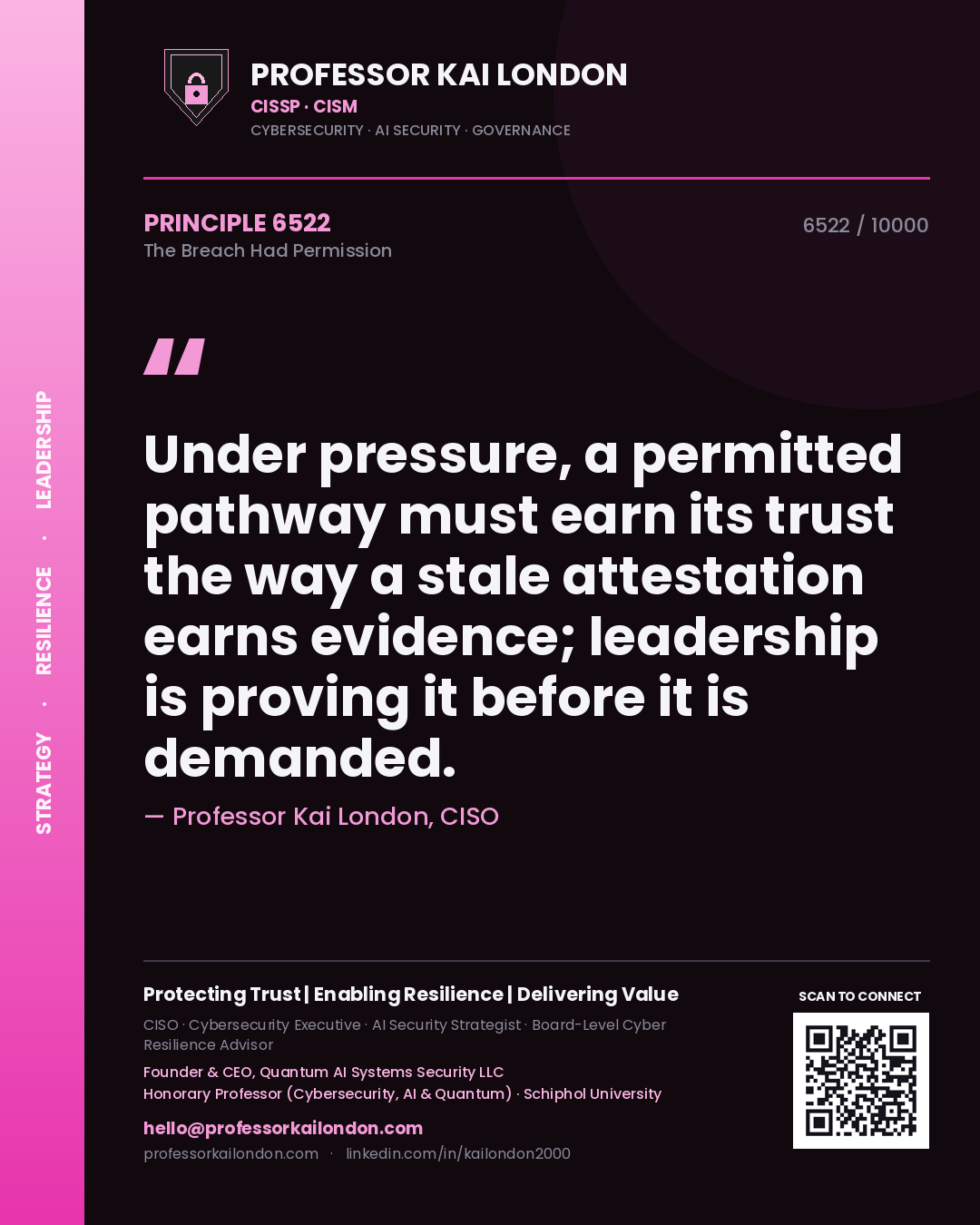 Professor Kai London principle 6522: Under pressure, a permitted pathway must earn its trust the way a stale attestation earns evidence; leadership is proving it before it is demanded.