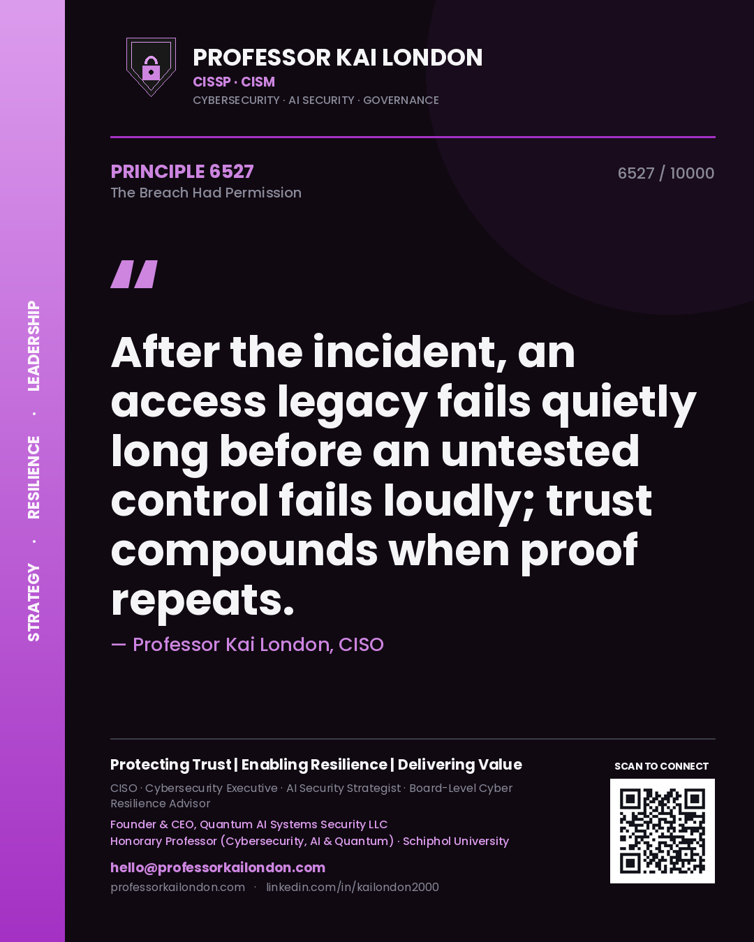 Professor Kai London principle 6527: After the incident, an access legacy fails quietly long before an untested control fails loudly; trust compounds when proof repeats.