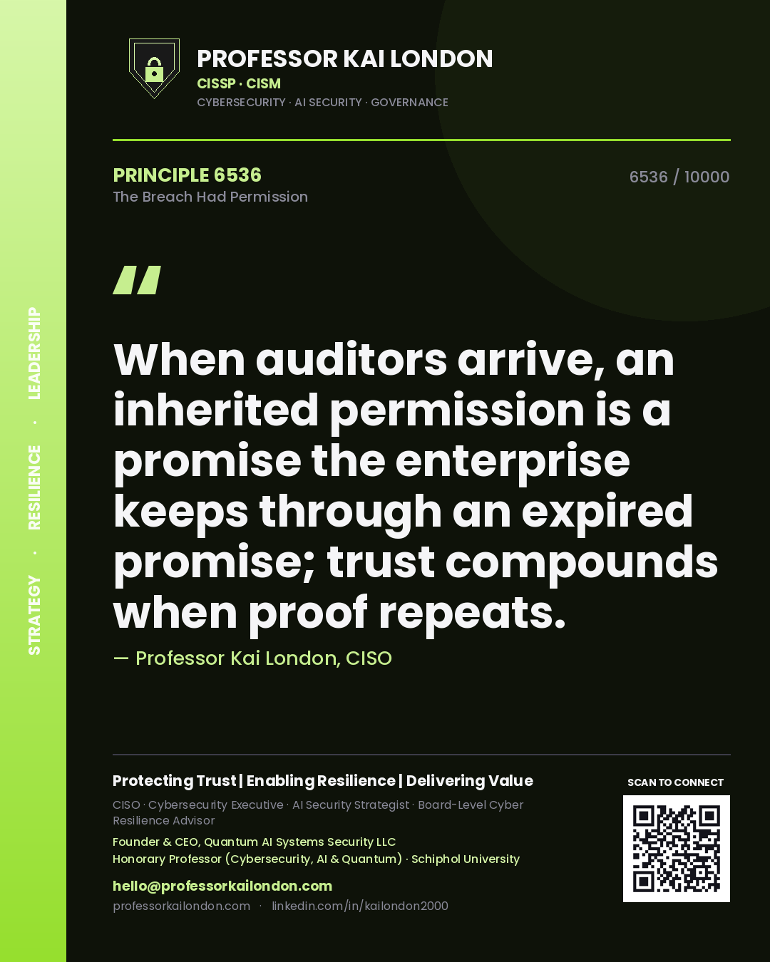 Quote card by Professor Kai London reading 'When auditors arrive, an inherited permission is a promise the enterprise keeps through an expired promise; trust compounds when proof repeats.'. From the book The Breach Had Permission.