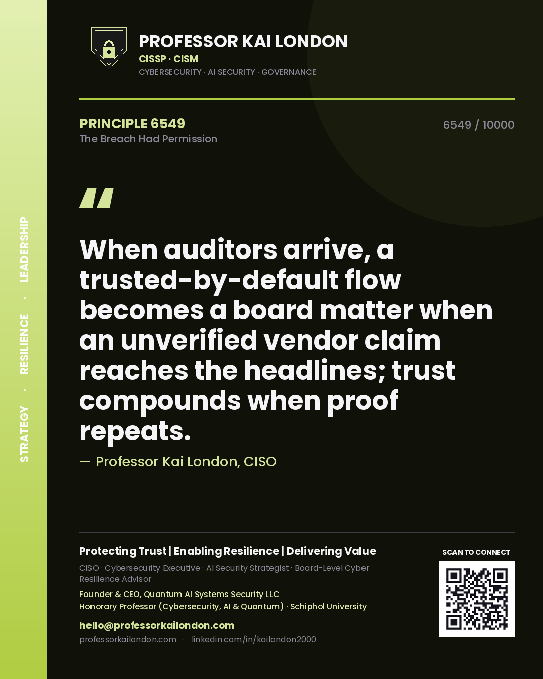 Professor Kai London principle 6549: When auditors arrive, a trusted-by-default flow becomes a board matter when an unverified vendor claim reaches the headlines; trust compounds when proof repeats.