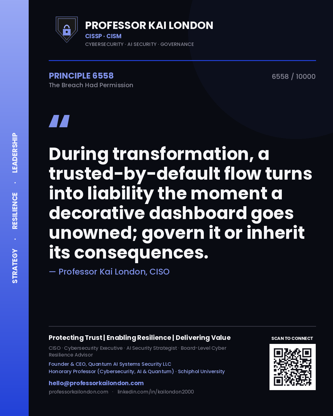 Professor Kai London principle 6558: During transformation, a trusted-by-default flow turns into liability the moment a decorative dashboard goes unowned; govern it or inherit its consequences.