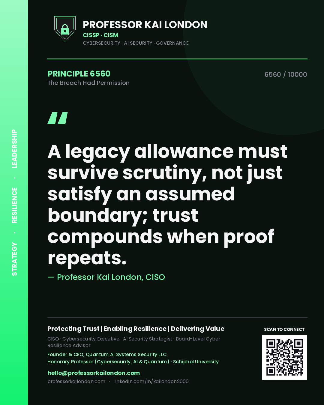 Professor Kai London principle 6560: A legacy allowance must survive scrutiny, not just satisfy an assumed boundary; trust compounds when proof repeats.