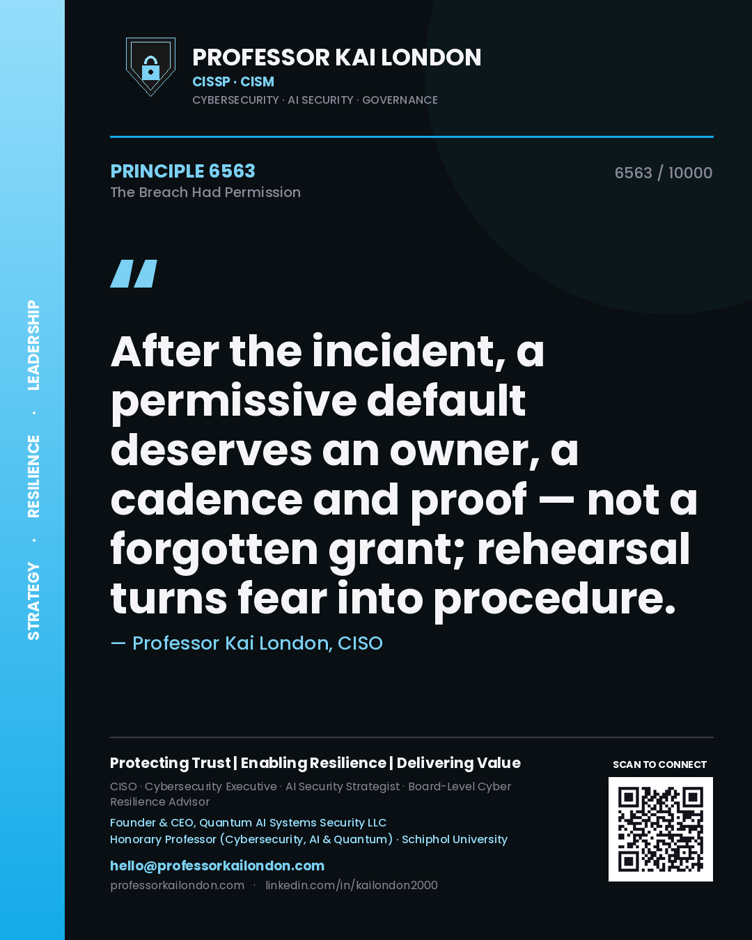 Quote card by Professor Kai London reading 'After the incident, a permissive default deserves an owner, a cadence and proof — not a forgotten grant; rehearsal turns fear into procedure.'. From the book The Breach Had Permission.