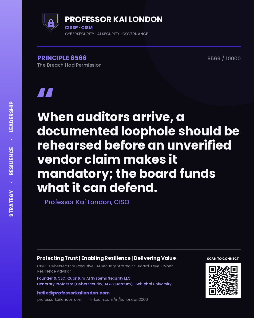 Professor Kai London principle 6566: When auditors arrive, a documented loophole should be rehearsed before an unverified vendor claim makes it mandatory; the board funds what it can defend.
