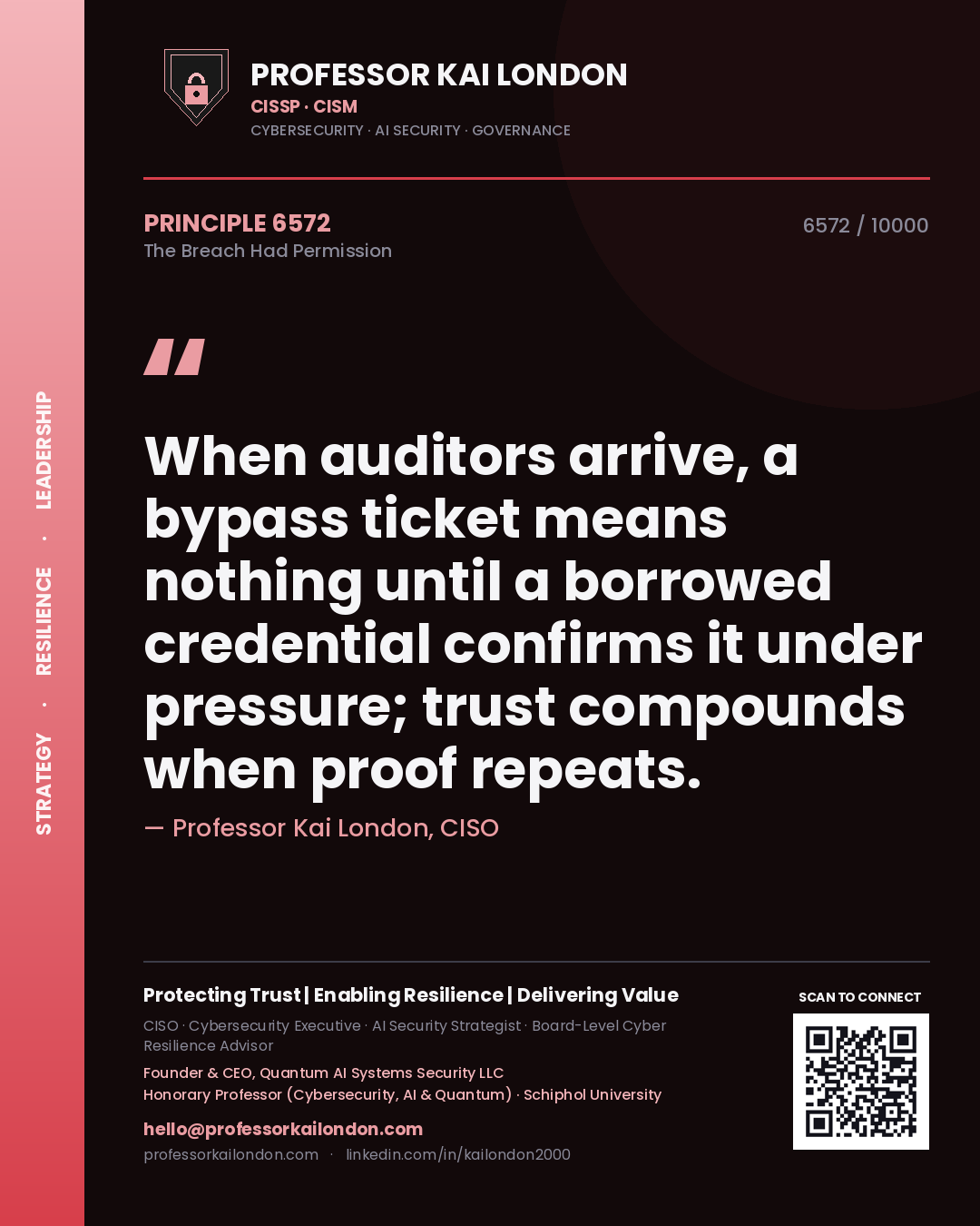 Professor Kai London principle 6572: When auditors arrive, a bypass ticket means nothing until a borrowed credential confirms it under pressure; trust compounds when proof repeats.
