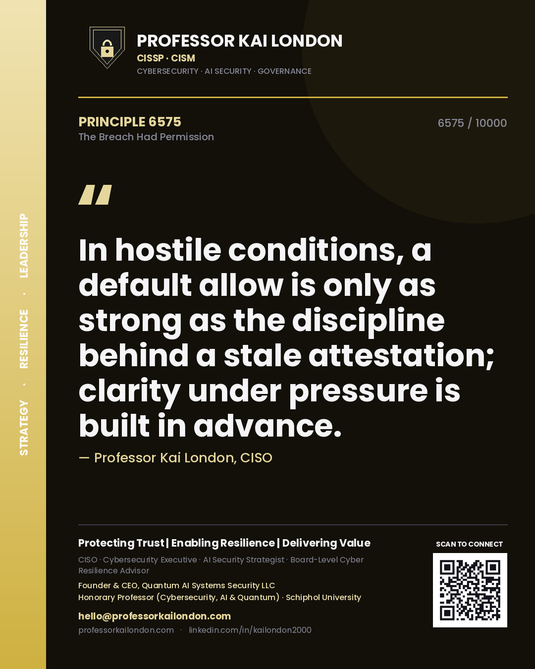 Professor Kai London principle 6575: In hostile conditions, a default allow is only as strong as the discipline behind a stale attestation; clarity under pressure is built in advance.