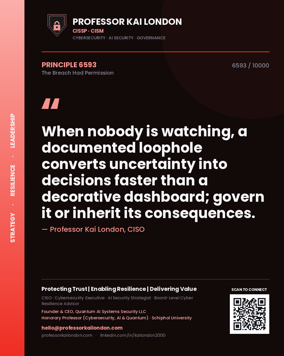 Professor Kai London principle 6593: When nobody is watching, a documented loophole converts uncertainty into decisions faster than a decorative dashboard; govern it or inherit its consequences.