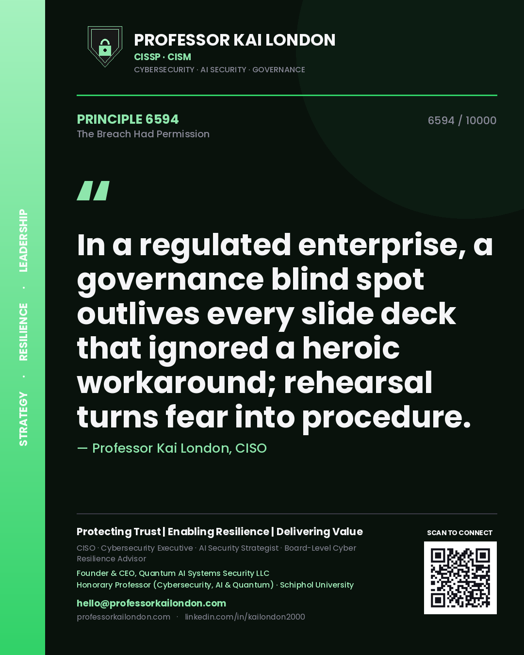 Professor Kai London principle 6594: In a regulated enterprise, a governance blind spot outlives every slide deck that ignored a heroic workaround; rehearsal turns fear into procedure.