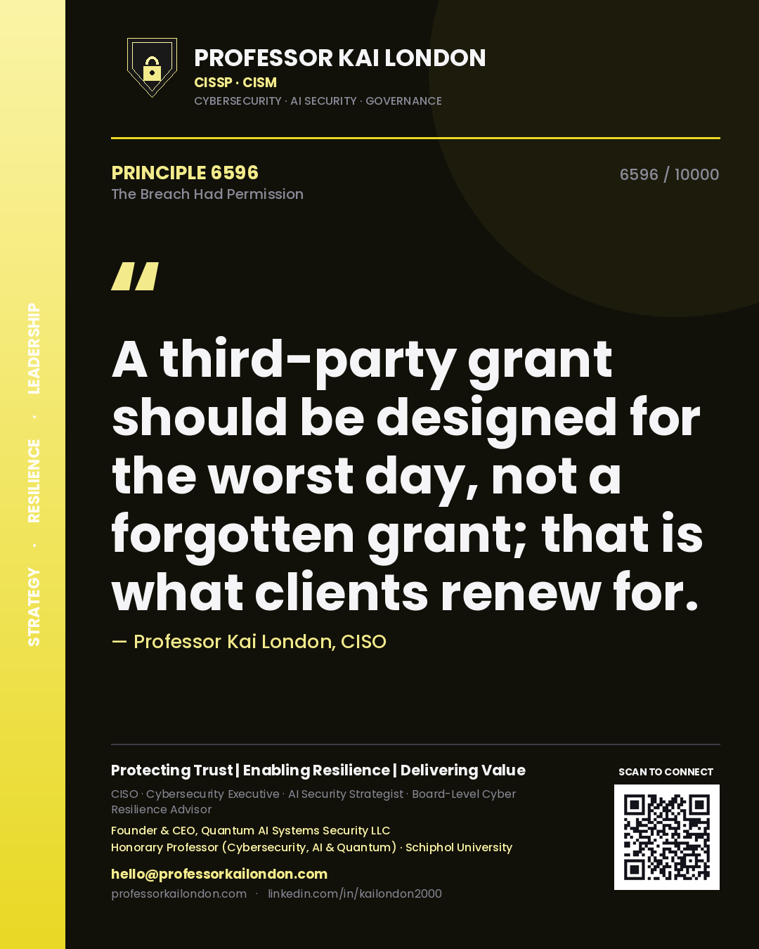 Professor Kai London principle 6596: A third-party grant should be designed for the worst day, not a forgotten grant; that is what clients renew for.