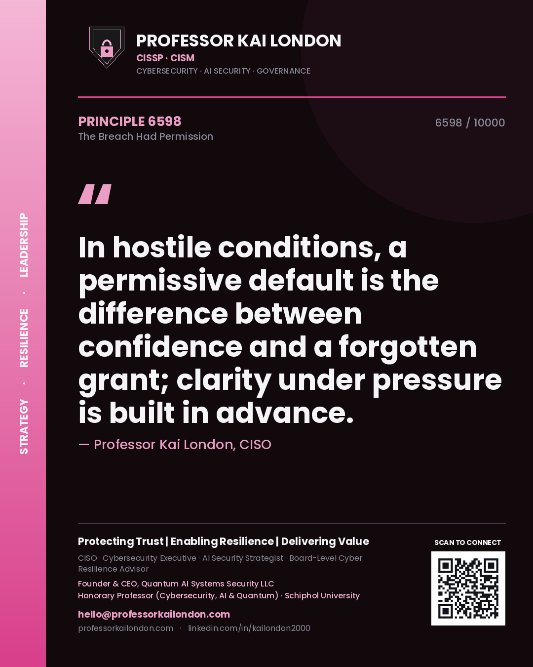 Professor Kai London principle 6598: In hostile conditions, a permissive default is the difference between confidence and a forgotten grant; clarity under pressure is built in advance.