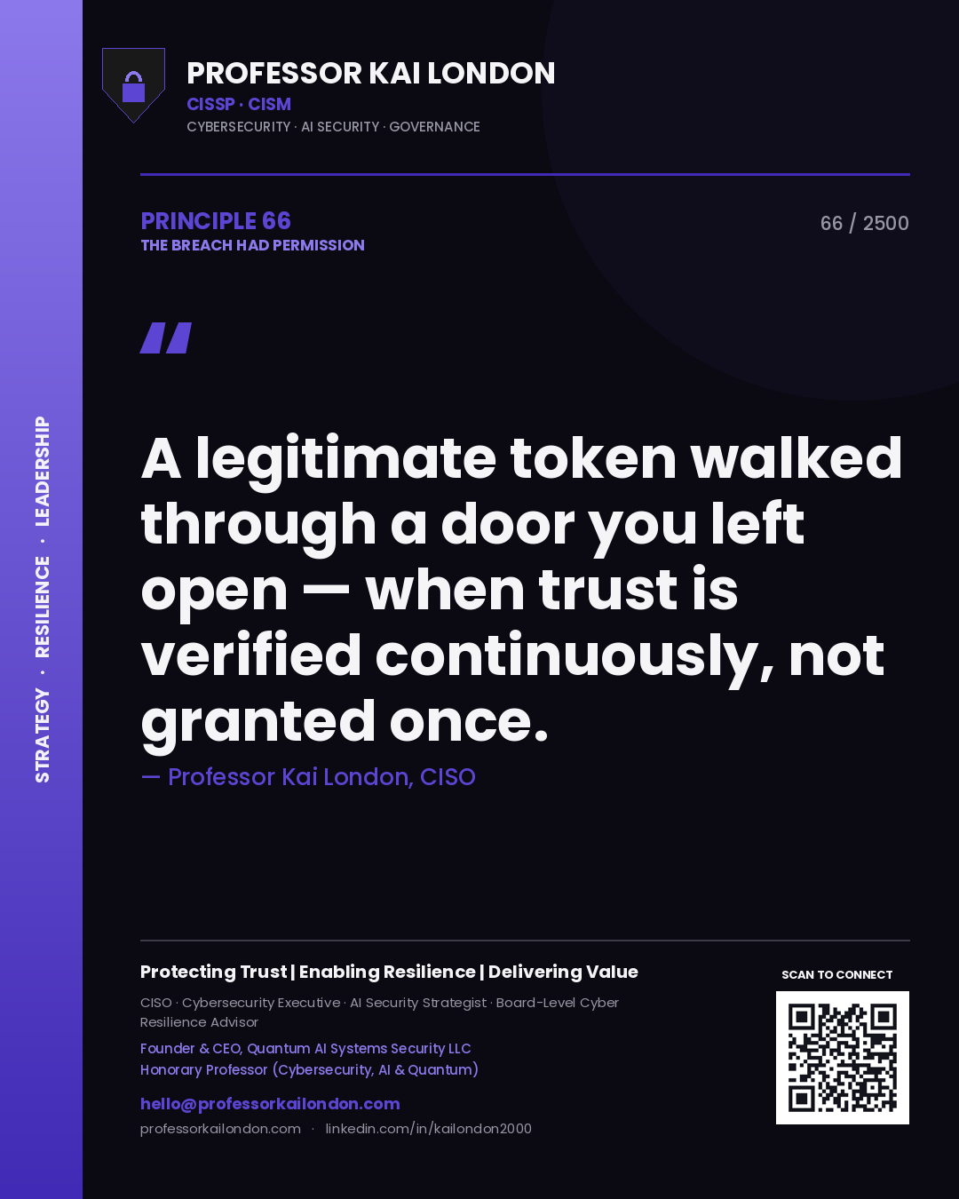 Professor Kai London principle 66: A legitimate token walked through a door you left open — when trust is verified continuously, not granted once.