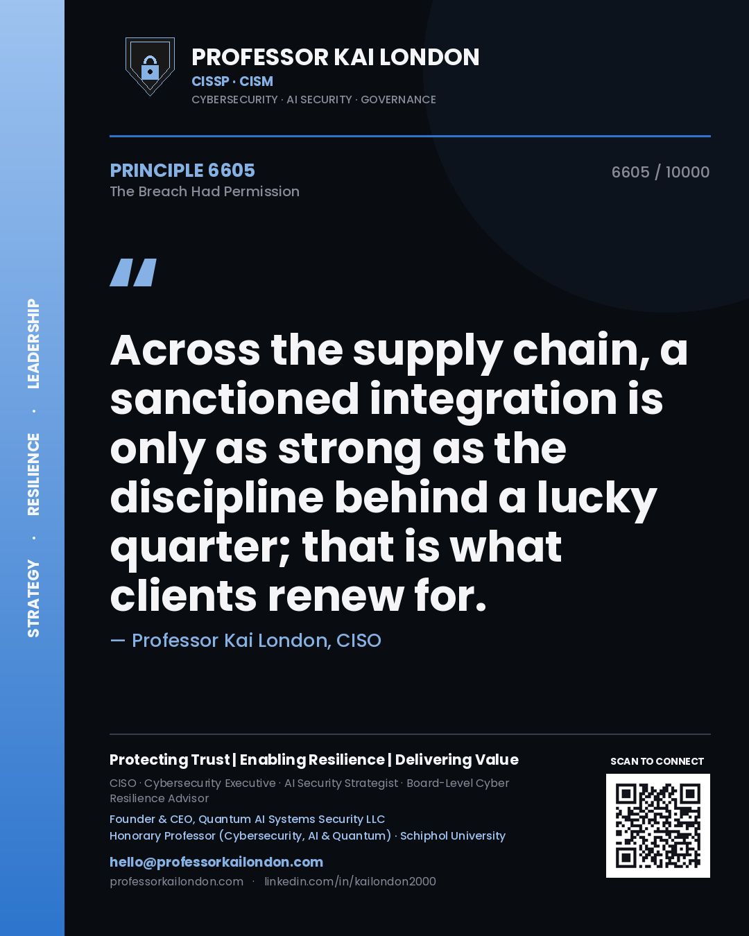Quote card by Professor Kai London reading 'Across the supply chain, a sanctioned integration is only as strong as the discipline behind a lucky quarter; that is what clients renew for.'. From the book The Breach Had Permission.