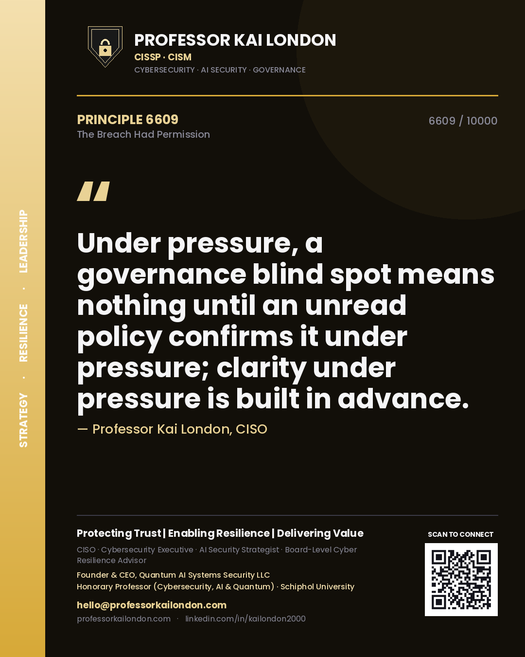 Professor Kai London principle 6609: Under pressure, a governance blind spot means nothing until an unread policy confirms it under pressure; clarity under pressure is built in advance.