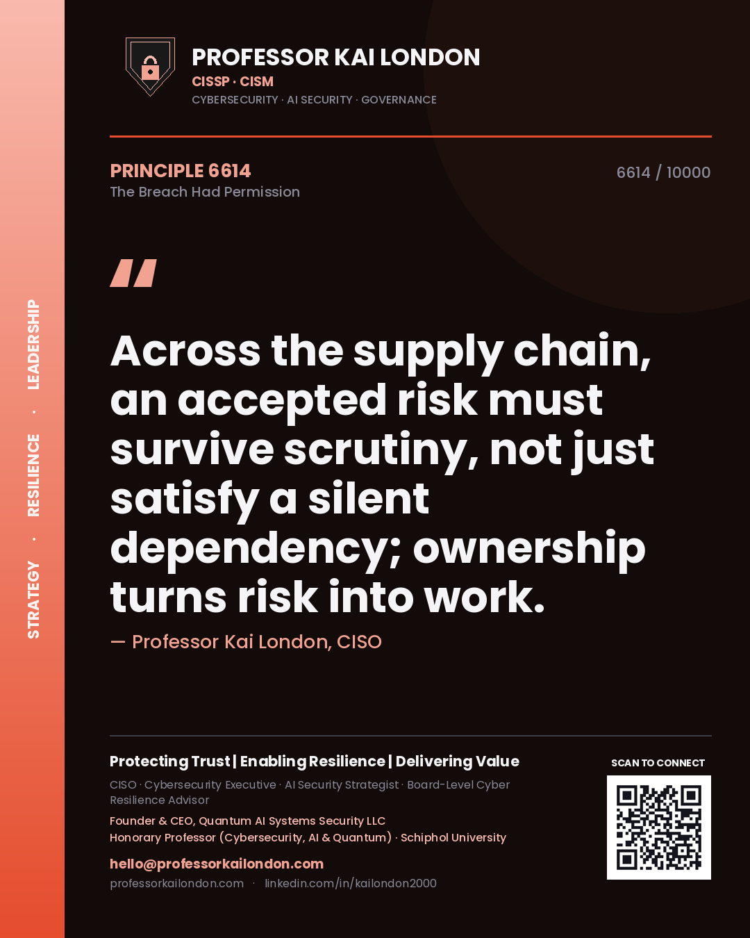 Quote card by Professor Kai London reading 'Across the supply chain, an accepted risk must survive scrutiny, not just satisfy a silent dependency; ownership turns risk into work.'. From the book The Breach Had Permission.