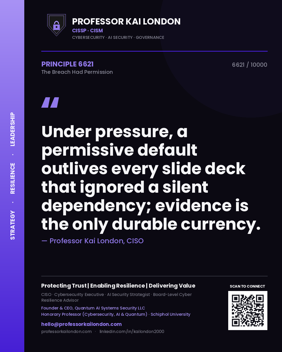 Quote card by Professor Kai London reading 'Under pressure, a permissive default outlives every slide deck that ignored a silent dependency; evidence is the only durable currency.'. From the book The Breach Had Permission.