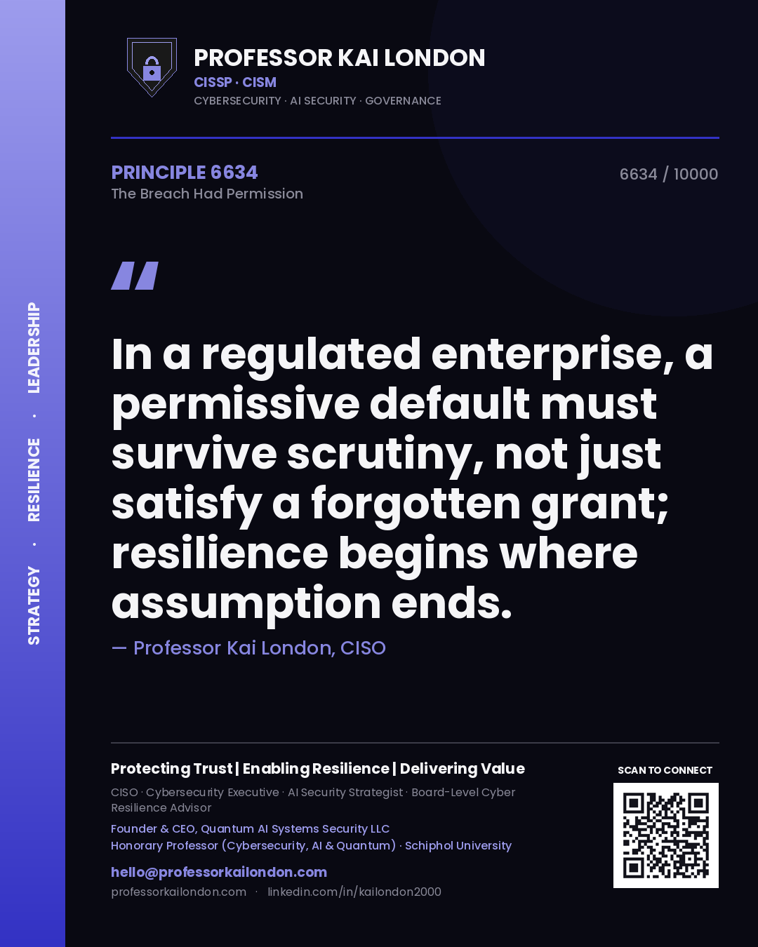 Professor Kai London principle 6634: In a regulated enterprise, a permissive default must survive scrutiny, not just satisfy a forgotten grant; resilience begins where assumption ends.