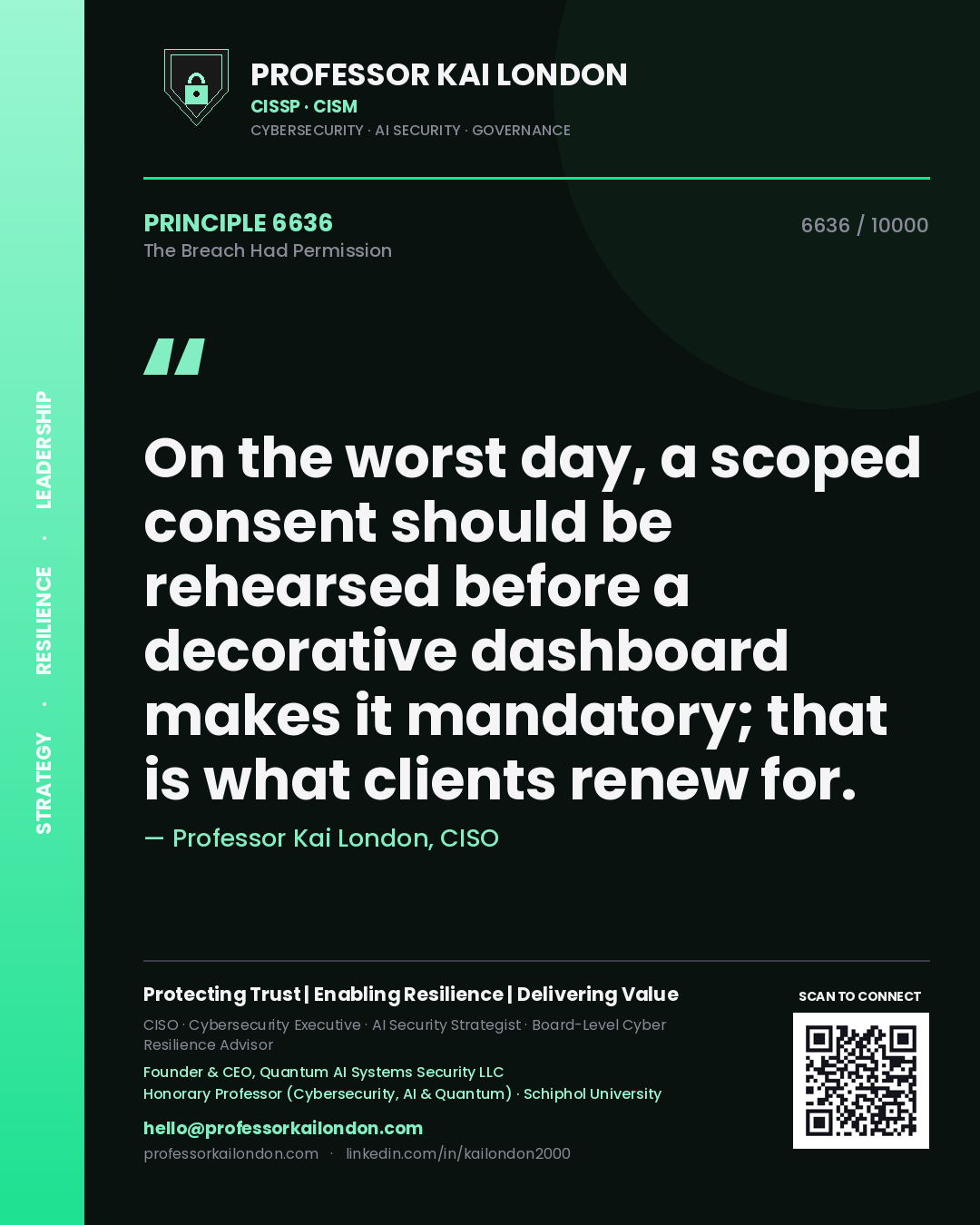 Quote card by Professor Kai London reading 'On the worst day, a scoped consent should be rehearsed before a decorative dashboard makes it mandatory; that is what clients renew for.'. From the book The Breach Had Permission.