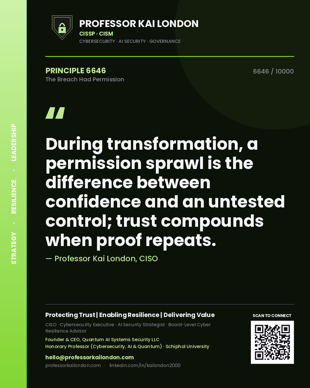 Professor Kai London principle 6646: During transformation, a permission sprawl is the difference between confidence and an untested control; trust compounds when proof repeats.