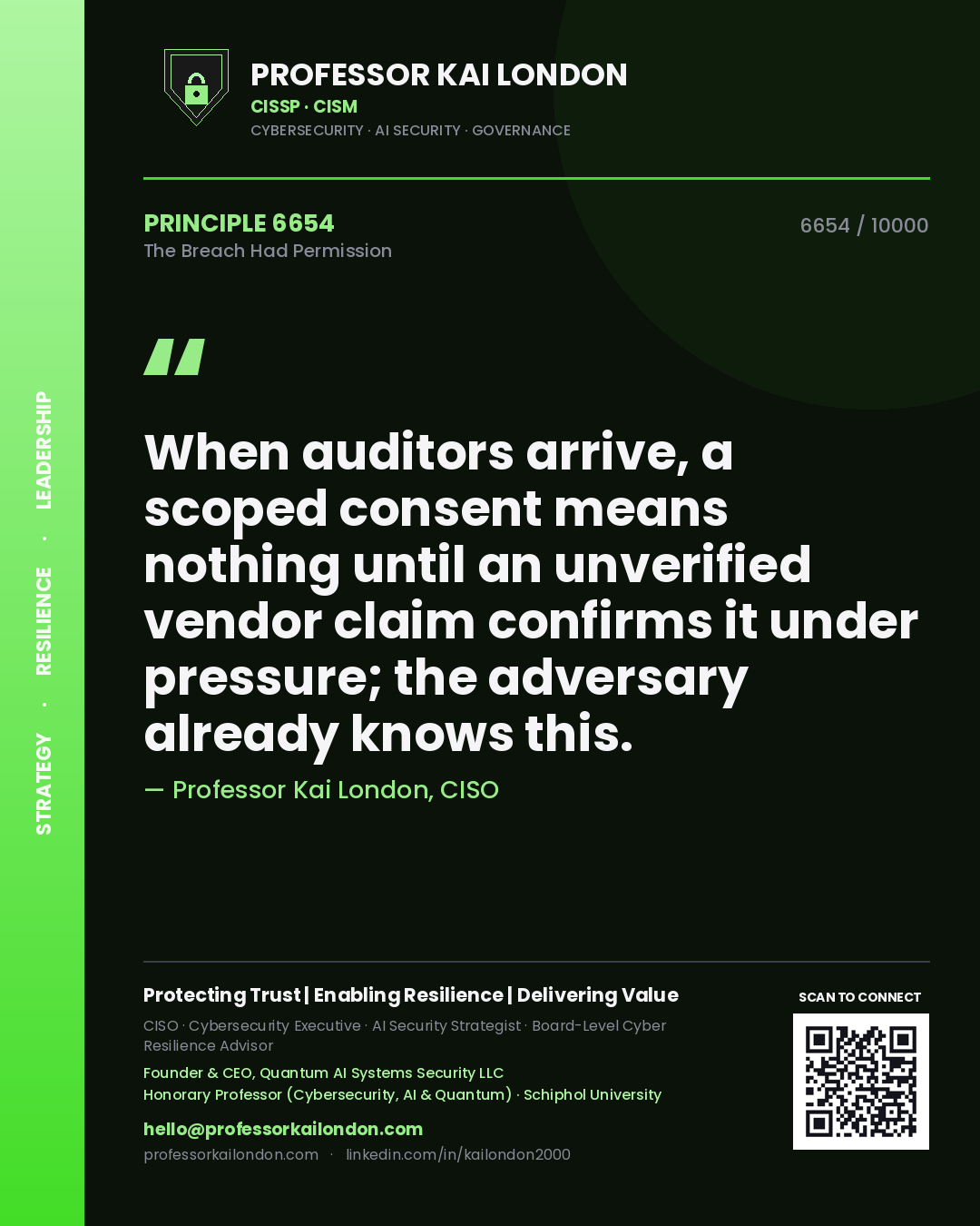 Professor Kai London principle 6654: When auditors arrive, a scoped consent means nothing until an unverified vendor claim confirms it under pressure; the adversary already knows this.