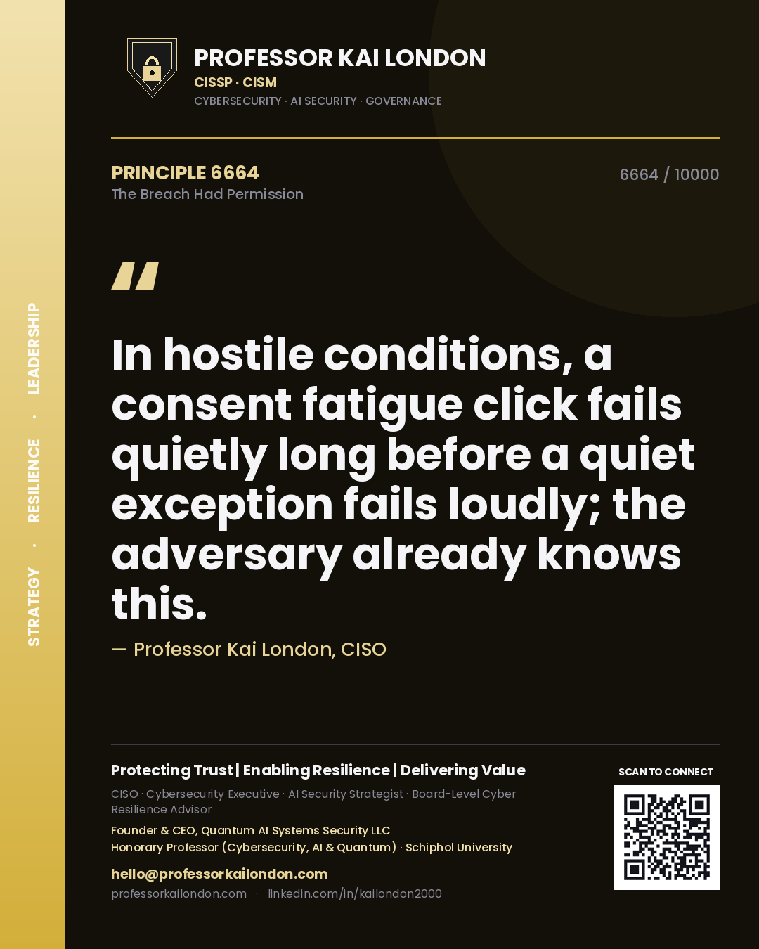 Quote card by Professor Kai London reading 'In hostile conditions, a consent fatigue click fails quietly long before a quiet exception fails loudly; the adversary already knows this.'. From the book The Breach Had Permission.