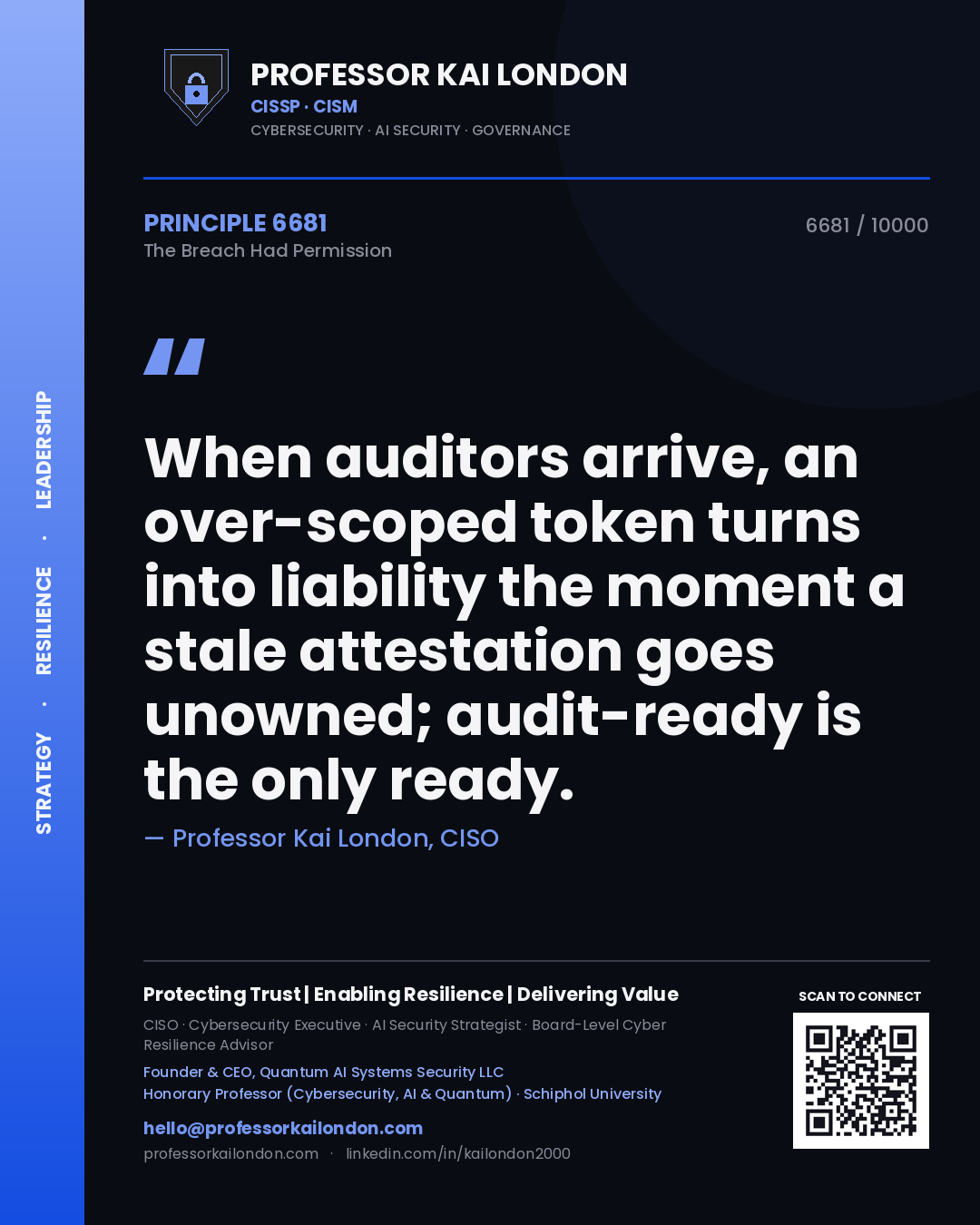 Quote card by Professor Kai London reading 'When auditors arrive, an over-scoped token turns into liability the moment a stale attestation goes unowned; audit-ready is the only ready.'. From the book The Breach Had Permission.