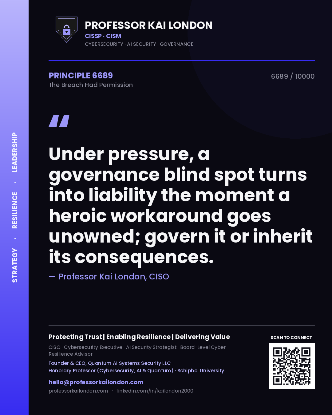 Professor Kai London principle 6689: Under pressure, a governance blind spot turns into liability the moment a heroic workaround goes unowned; govern it or inherit its consequences.