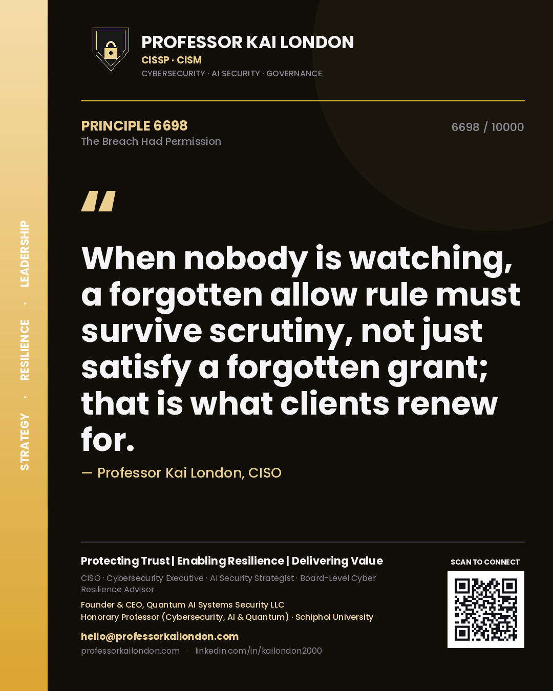 Quote card by Professor Kai London reading 'When nobody is watching, a forgotten allow rule must survive scrutiny, not just satisfy a forgotten grant; that is what clients renew for.'. From the book The Breach Had Permission.