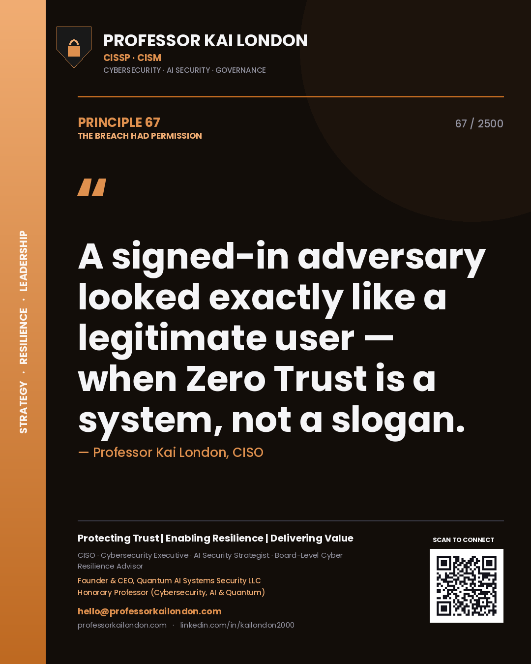 Professor Kai London principle 67: A signed-in adversary looked exactly like a legitimate user — when Zero Trust is a system, not a slogan.