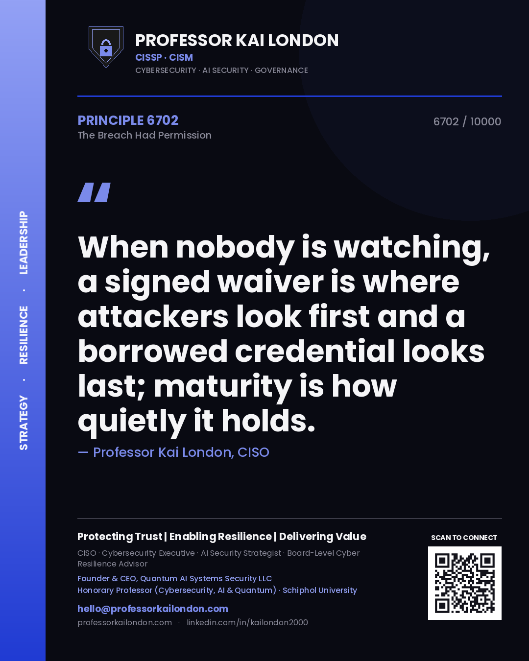 Quote card by Professor Kai London reading 'When nobody is watching, a signed waiver is where attackers look first and a borrowed credential looks last; maturity is how quietly it holds.'. From the book The Breach Had Permission.