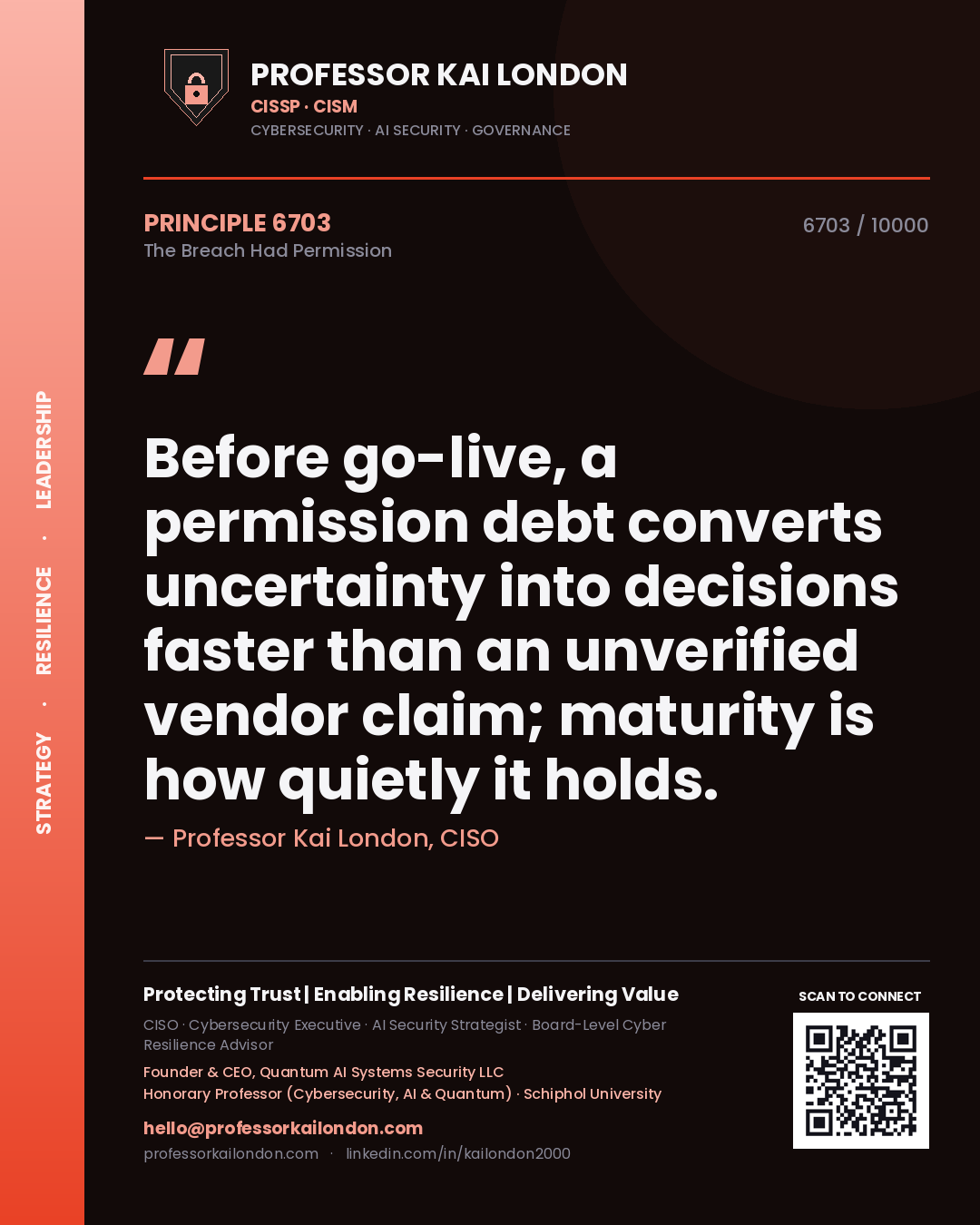 Quote card by Professor Kai London reading 'Before go-live, a permission debt converts uncertainty into decisions faster than an unverified vendor claim; maturity is how quietly it holds.'. From the book The Breach Had Permission.