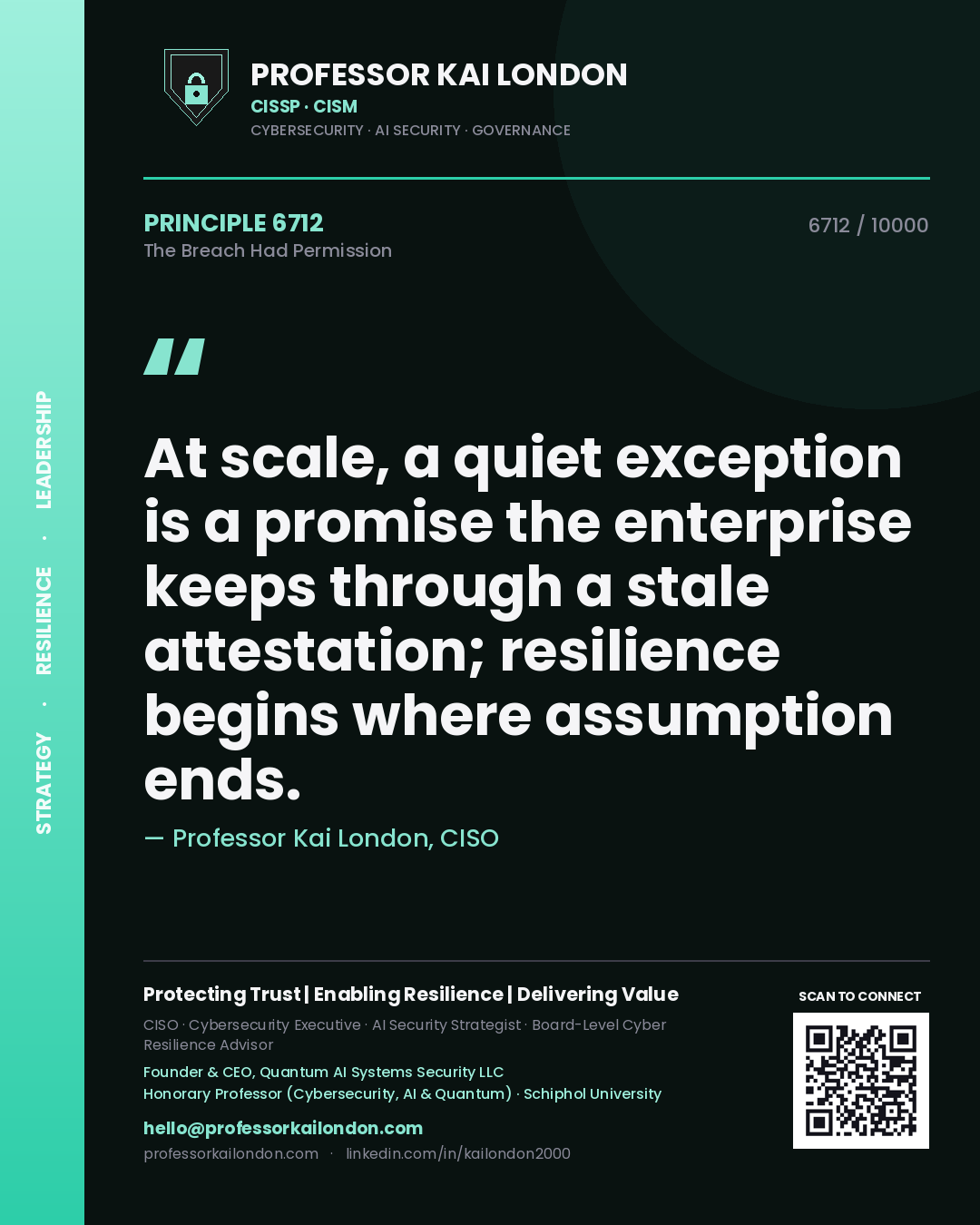 Professor Kai London principle 6712: At scale, a quiet exception is a promise the enterprise keeps through a stale attestation; resilience begins where assumption ends.