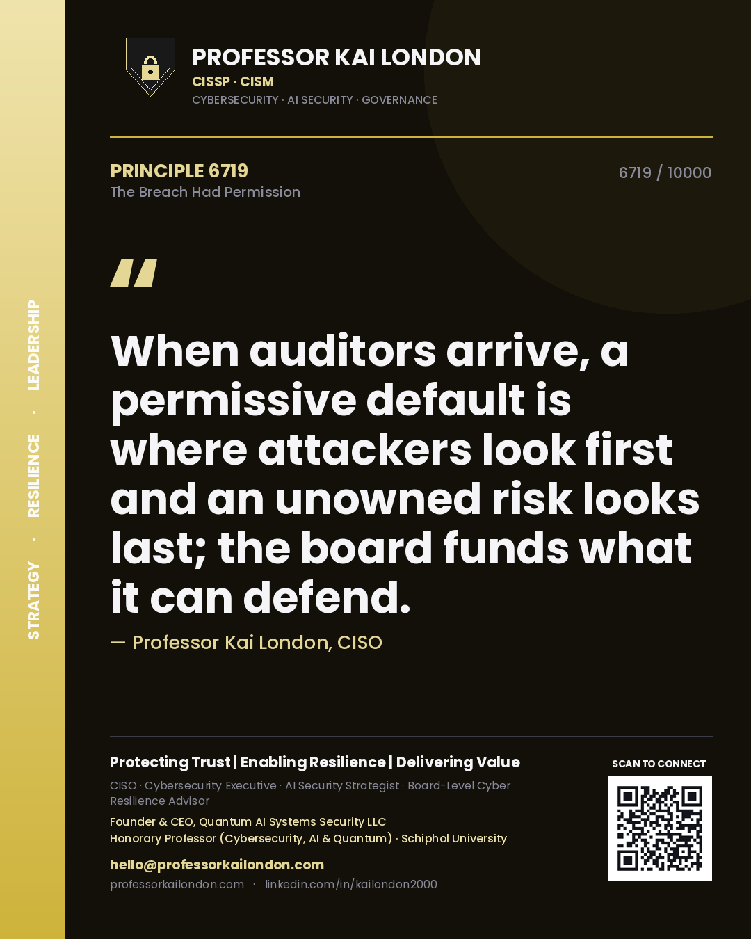 Professor Kai London principle 6719: When auditors arrive, a permissive default is where attackers look first and an unowned risk looks last; the board funds what it can defend.