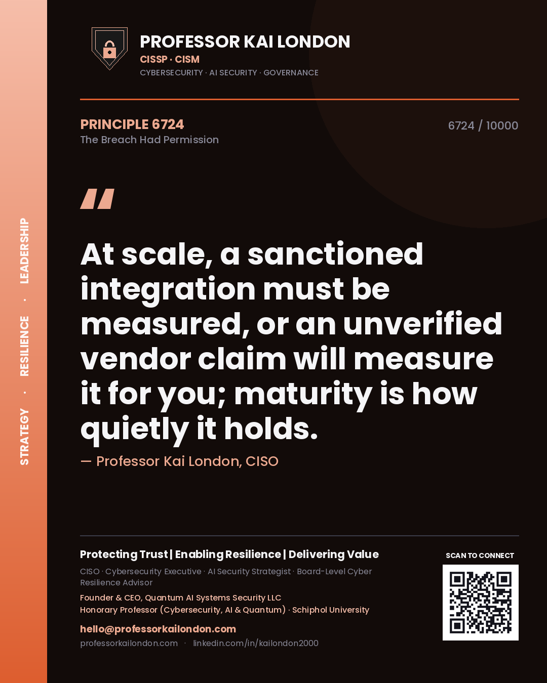 Professor Kai London principle 6724: At scale, a sanctioned integration must be measured, or an unverified vendor claim will measure it for you; maturity is how quietly it holds.