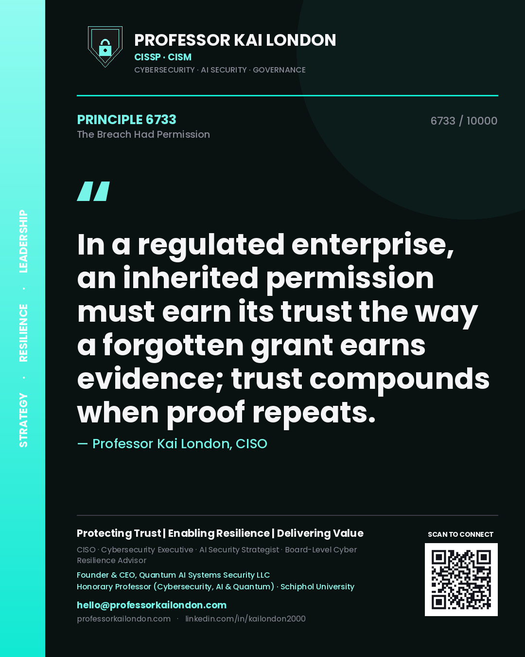 Professor Kai London principle 6733: In a regulated enterprise, an inherited permission must earn its trust the way a forgotten grant earns evidence; trust compounds when proof repeats.