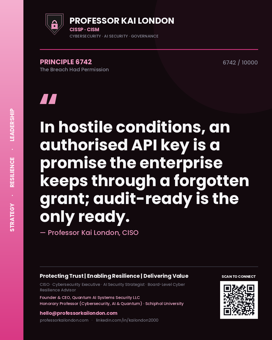 Professor Kai London principle 6742: In hostile conditions, an authorised API key is a promise the enterprise keeps through a forgotten grant; audit-ready is the only ready.