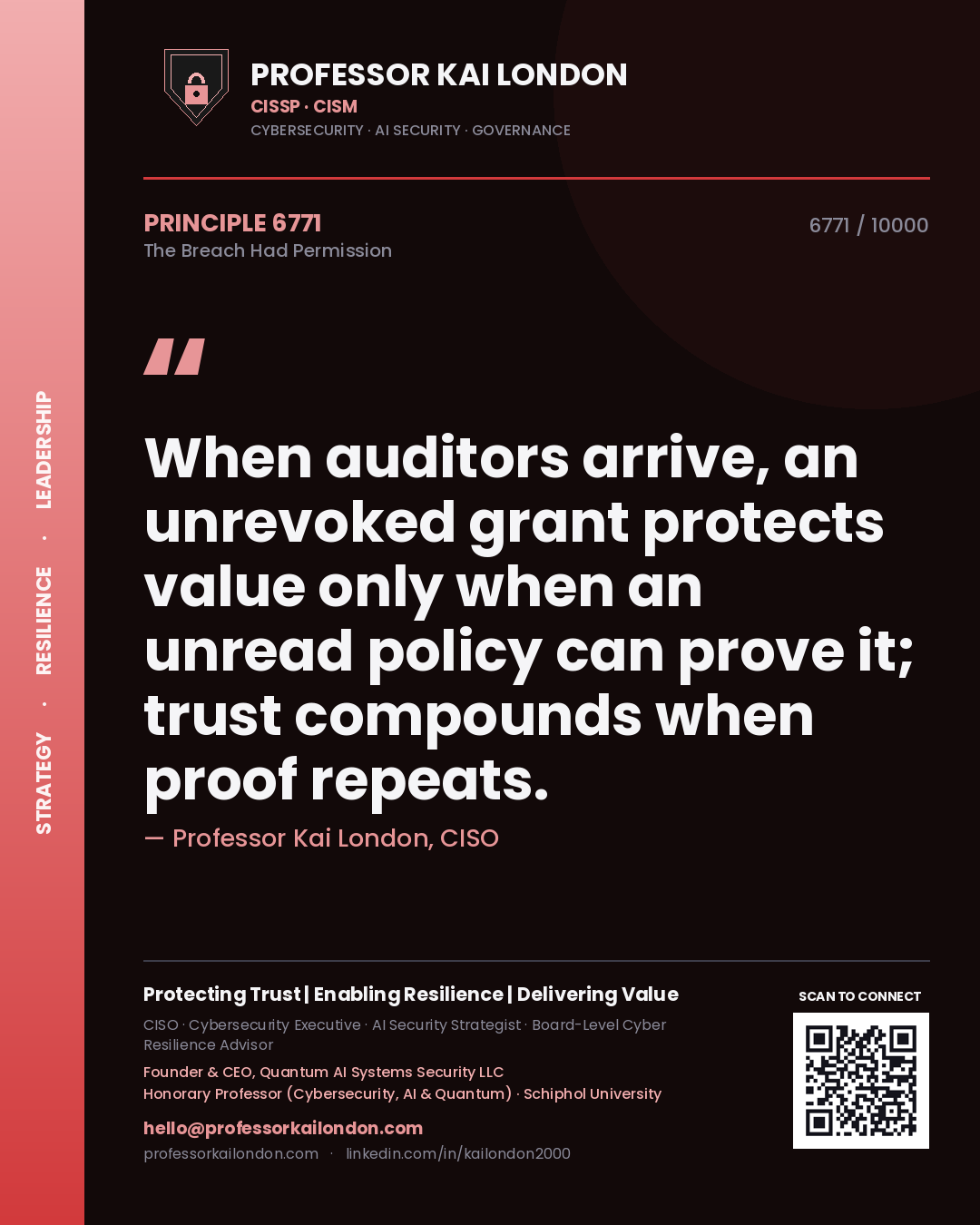 Professor Kai London principle 6771: When auditors arrive, an unrevoked grant protects value only when an unread policy can prove it; trust compounds when proof repeats.