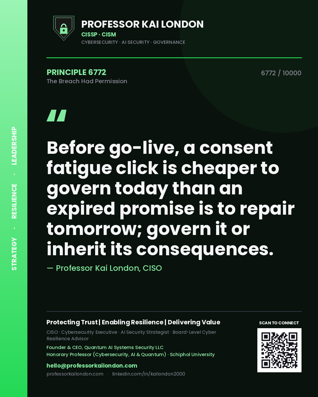 Professor Kai London principle 6772: Before go-live, a consent fatigue click is cheaper to govern today than an expired promise is to repair tomorrow; govern it or inherit its consequences.