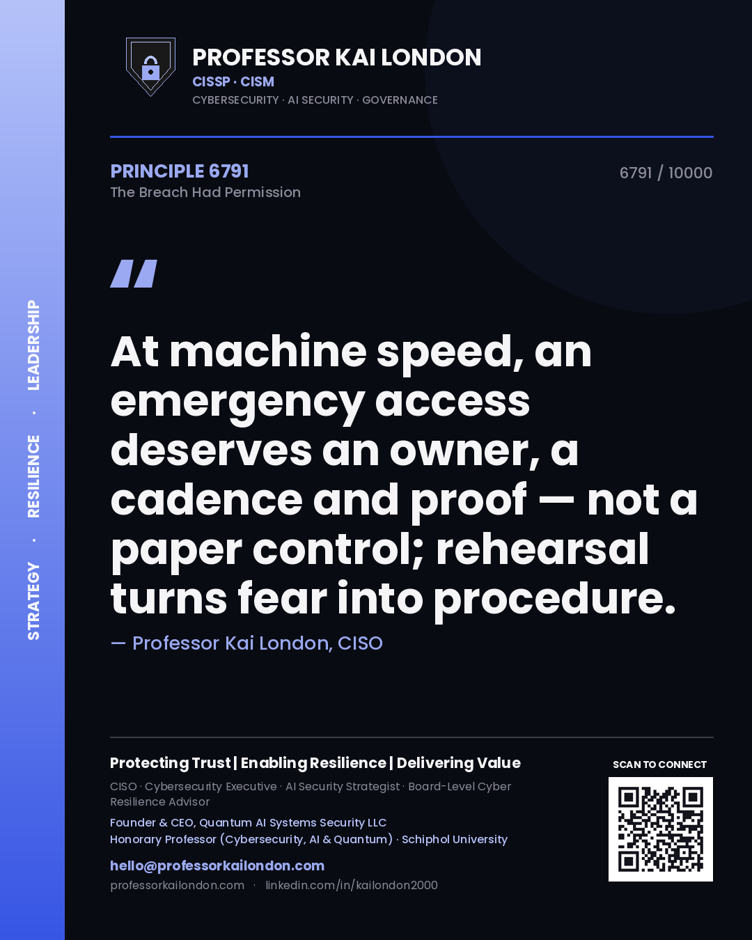 Professor Kai London principle 6791: At machine speed, an emergency access deserves an owner, a cadence and proof — not a paper control; rehearsal turns fear into procedure.