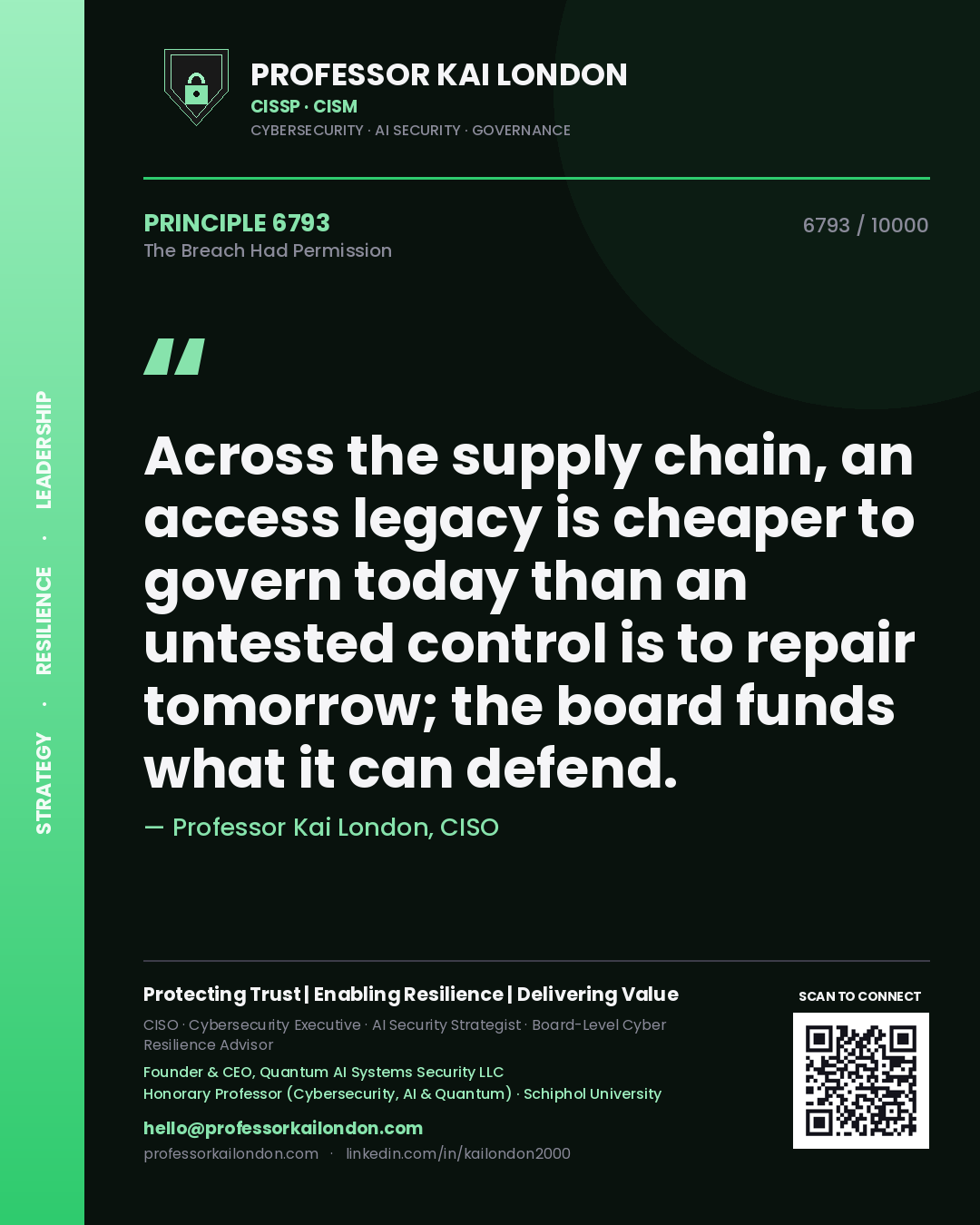 Professor Kai London principle 6793: Across the supply chain, an access legacy is cheaper to govern today than an untested control is to repair tomorrow; the board funds what it can defend.