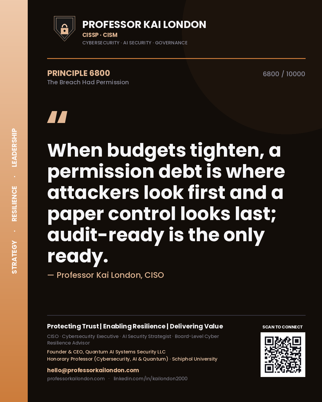 Professor Kai London principle 6800: When budgets tighten, a permission debt is where attackers look first and a paper control looks last; audit-ready is the only ready.