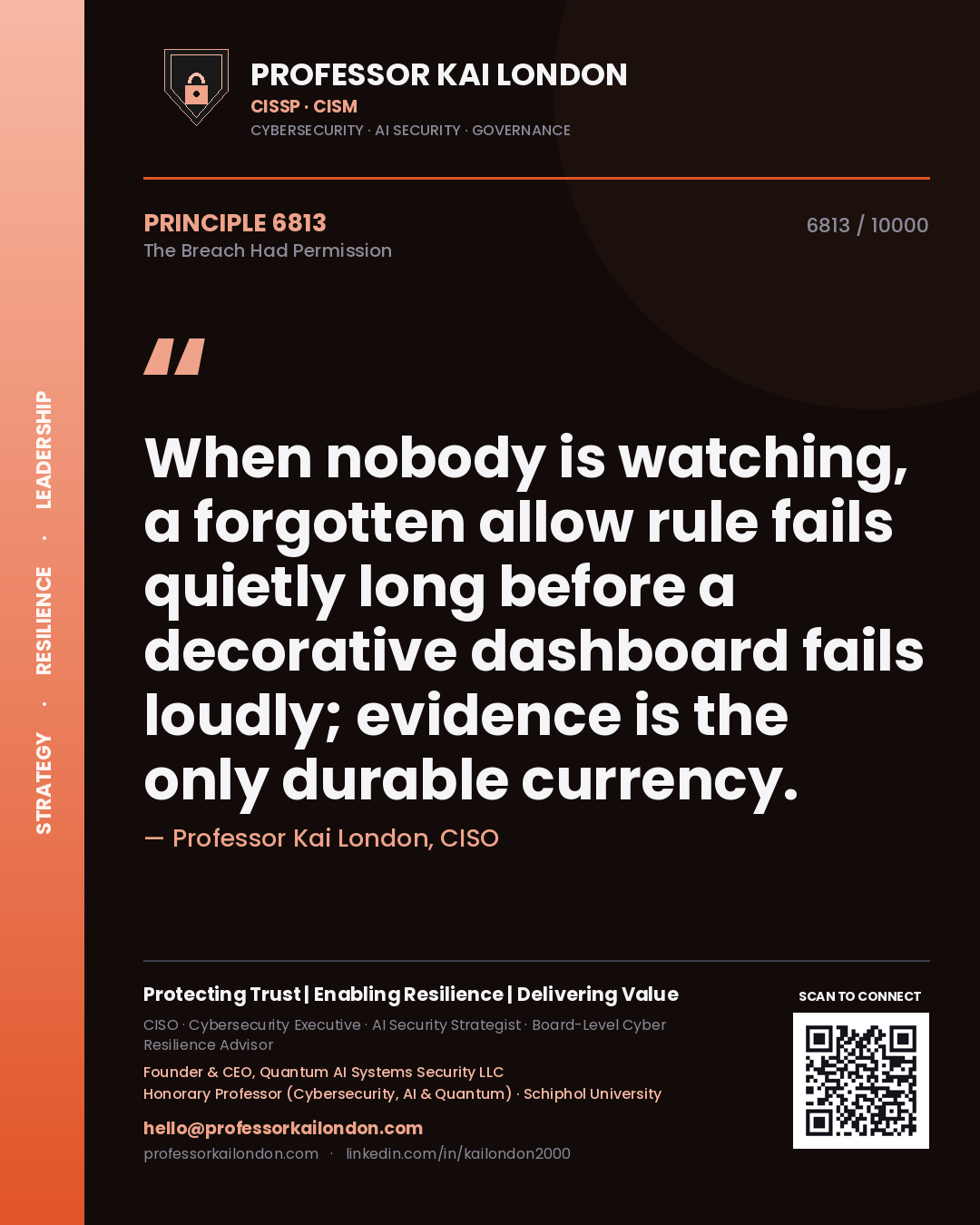 Quote card by Professor Kai London reading 'When nobody is watching, a forgotten allow rule fails quietly long before a decorative dashboard fails loudly; evidence is the only durable currency.'. From the book The Breach Had Permission.