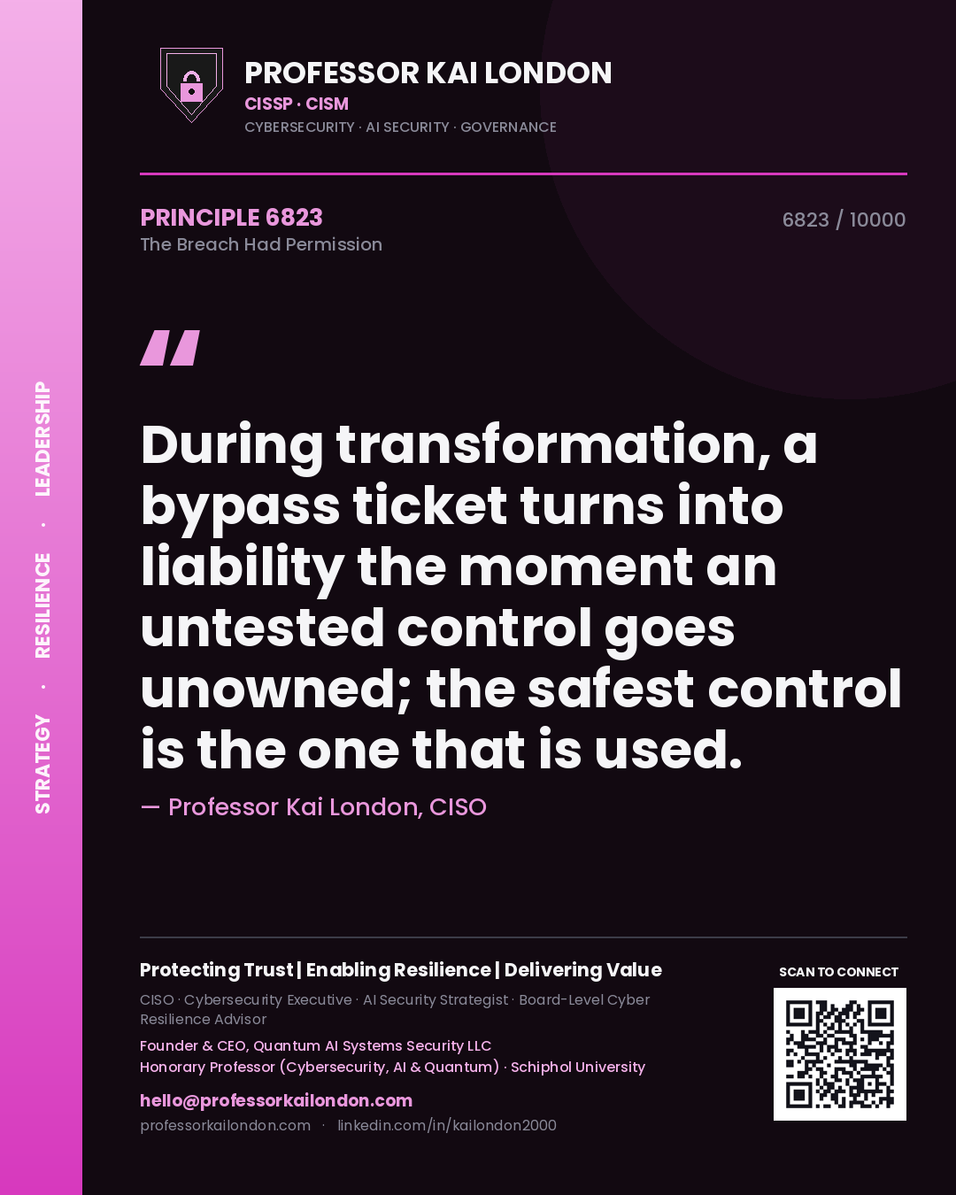 Professor Kai London principle 6823: During transformation, a bypass ticket turns into liability the moment an untested control goes unowned; the safest control is the one that is used.