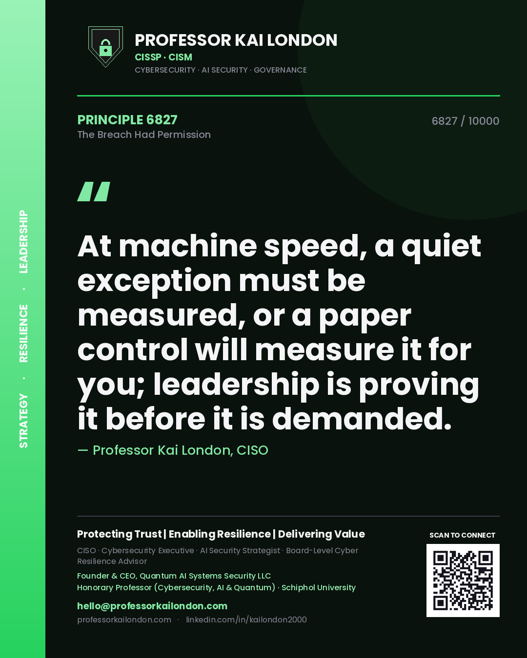 Quote card by Professor Kai London reading 'At machine speed, a quiet exception must be measured, or a paper control will measure it for you; leadership is proving it before it is demanded.'. From the book The Breach Had Permission.