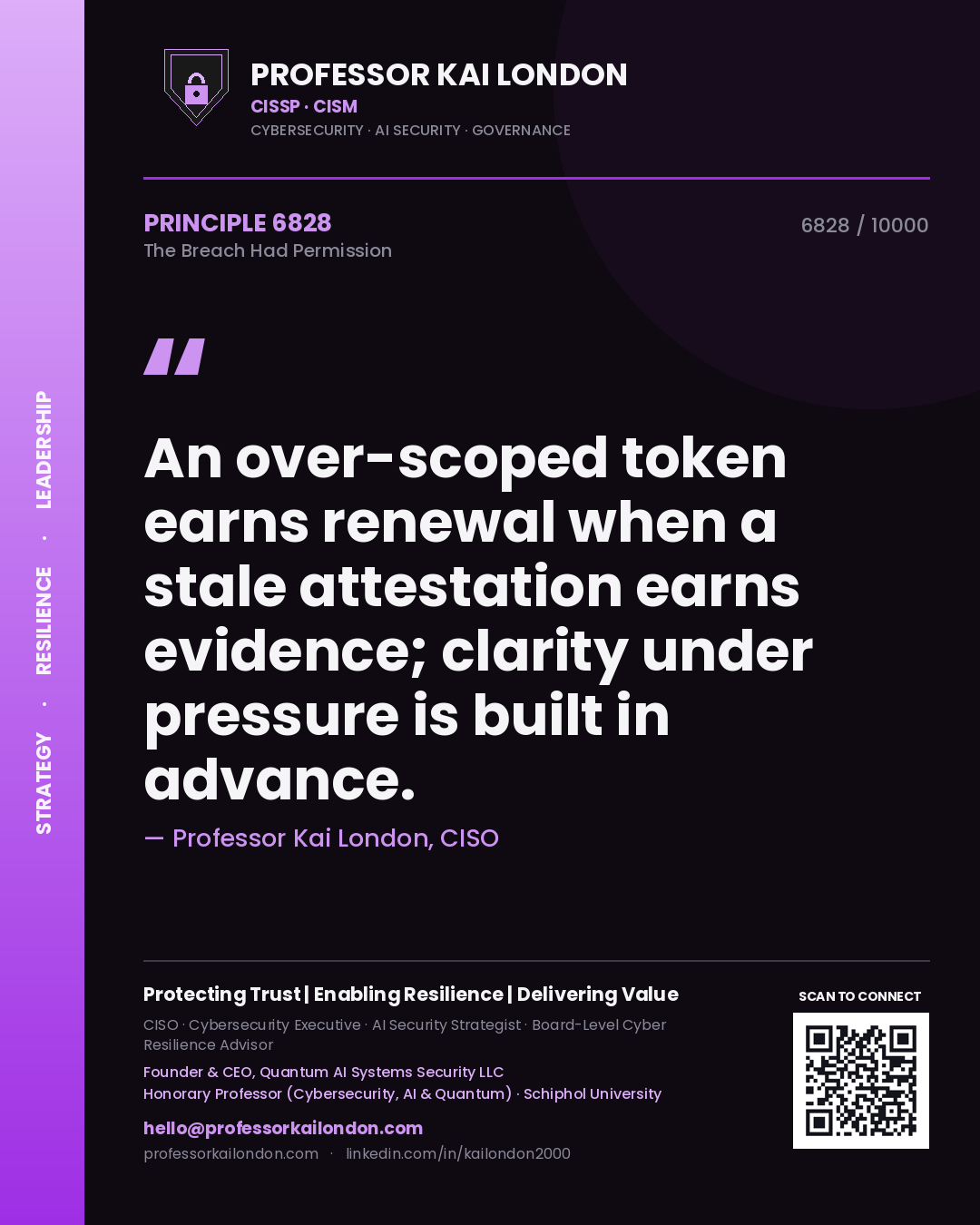 Quote card by Professor Kai London reading 'An over-scoped token earns renewal when a stale attestation earns evidence; clarity under pressure is built in advance.'. From the book The Breach Had Permission.