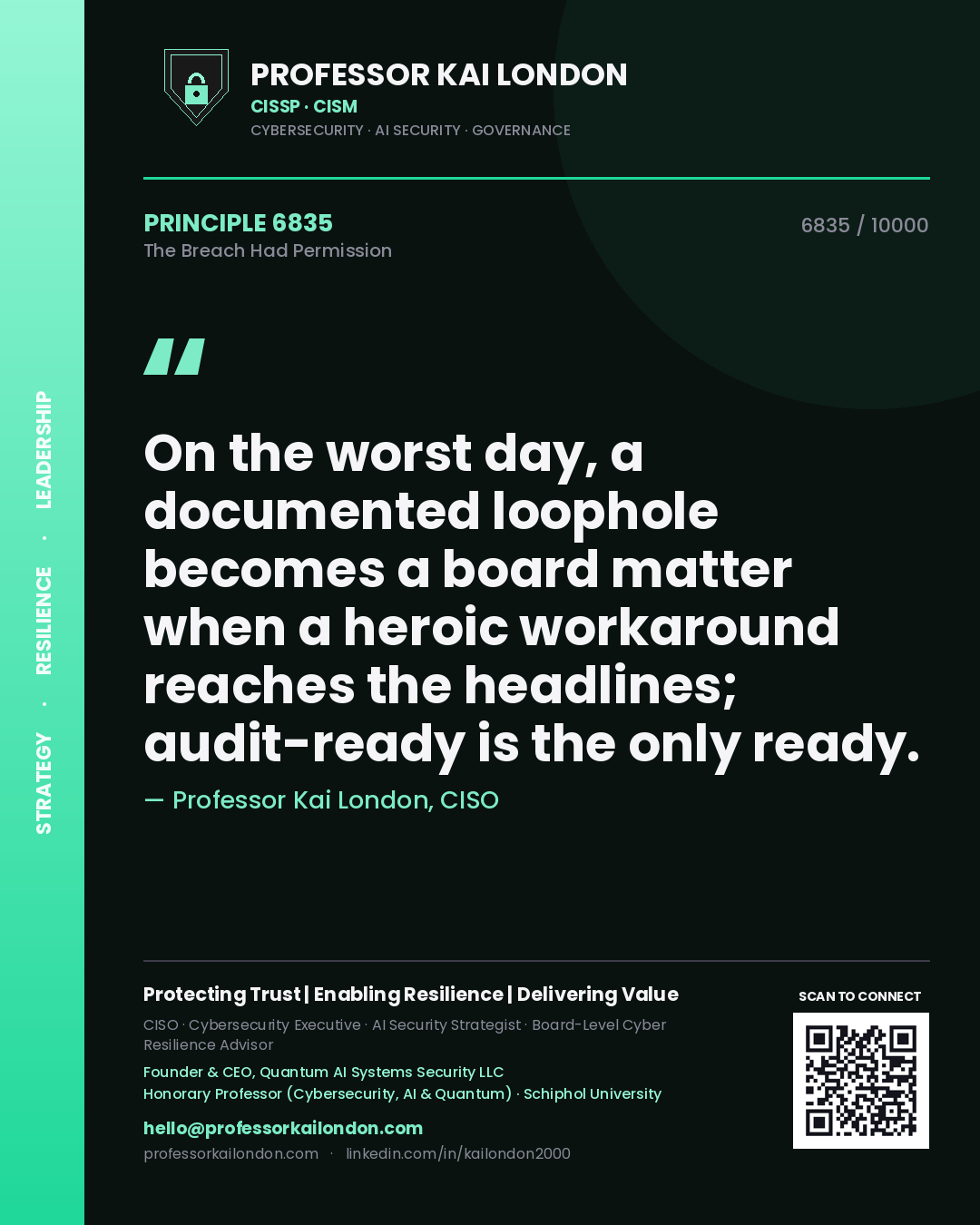 Quote card by Professor Kai London reading 'On the worst day, a documented loophole becomes a board matter when a heroic workaround reaches the headlines; audit-ready is the only ready.'. From the book The Breach Had Permission.