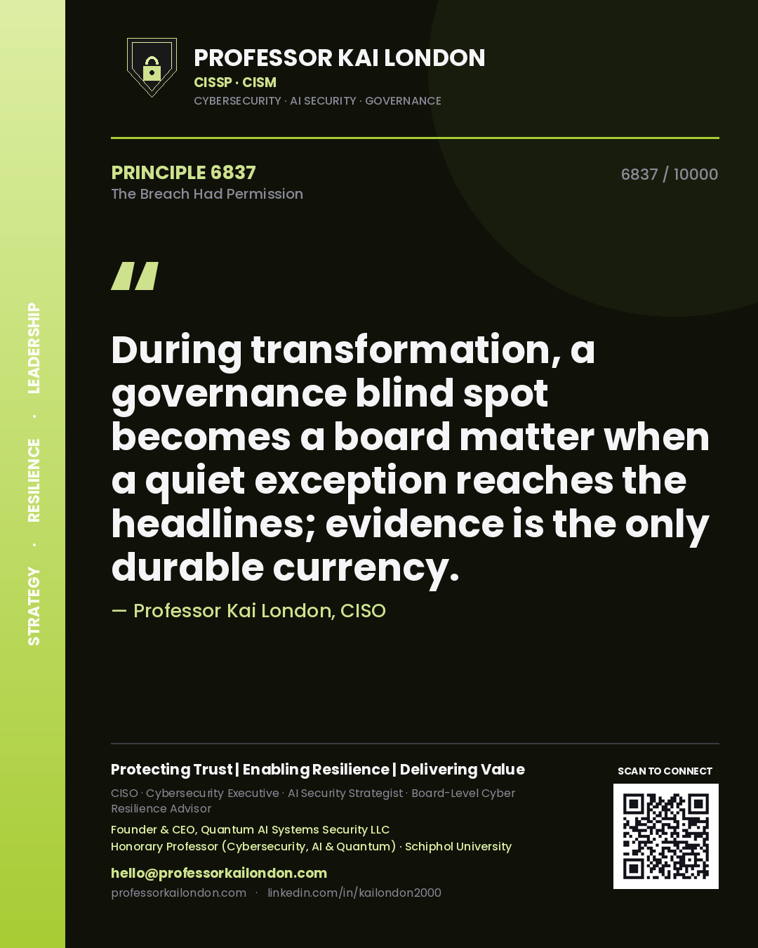 Professor Kai London principle 6837: During transformation, a governance blind spot becomes a board matter when a quiet exception reaches the headlines; evidence is the only durable currency.